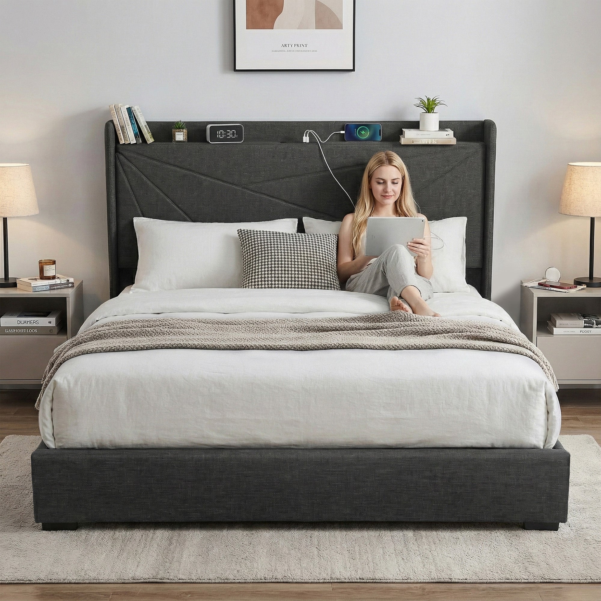 King Bed Frame Gas Lift Storage Bed with Charging Ports Upholstered Geometric Headboard Charcoal Grey - Furniture > Bedroom > Beds & Bed Frames - Rivercity House & Home Co. (ABN 18 642 972 209) - Affordable Modern Furniture Australia