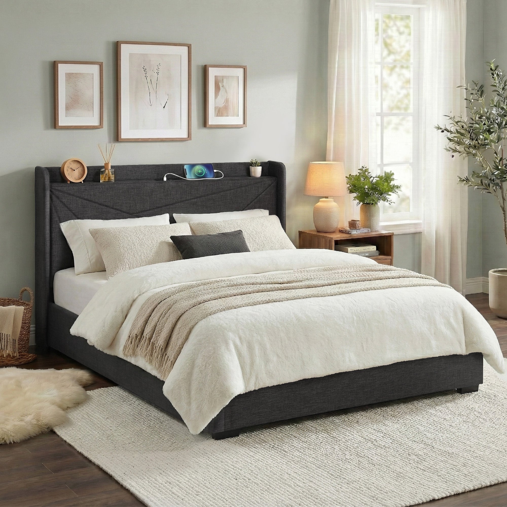King Bed Frame Gas Lift Storage Bed with Charging Ports Upholstered Geometric Headboard Charcoal Grey - Furniture > Bedroom > Beds & Bed Frames - Rivercity House & Home Co. (ABN 18 642 972 209) - Affordable Modern Furniture Australia