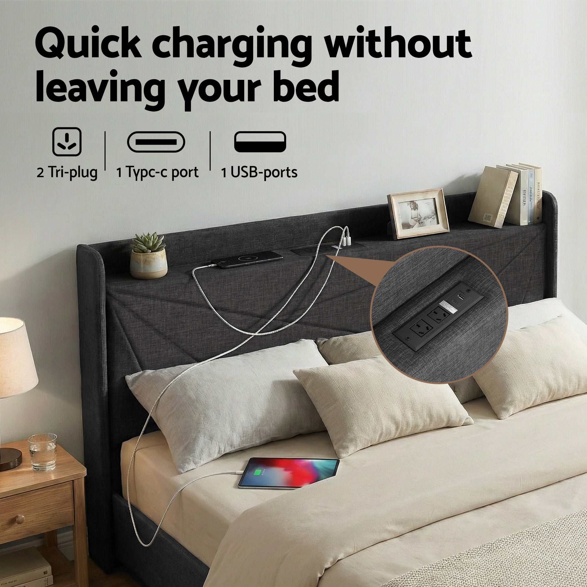 King Bed Frame Gas Lift Storage Bed with Charging Ports Upholstered Geometric Headboard Charcoal Grey - Furniture > Bedroom > Beds & Bed Frames - Rivercity House & Home Co. (ABN 18 642 972 209) - Affordable Modern Furniture Australia