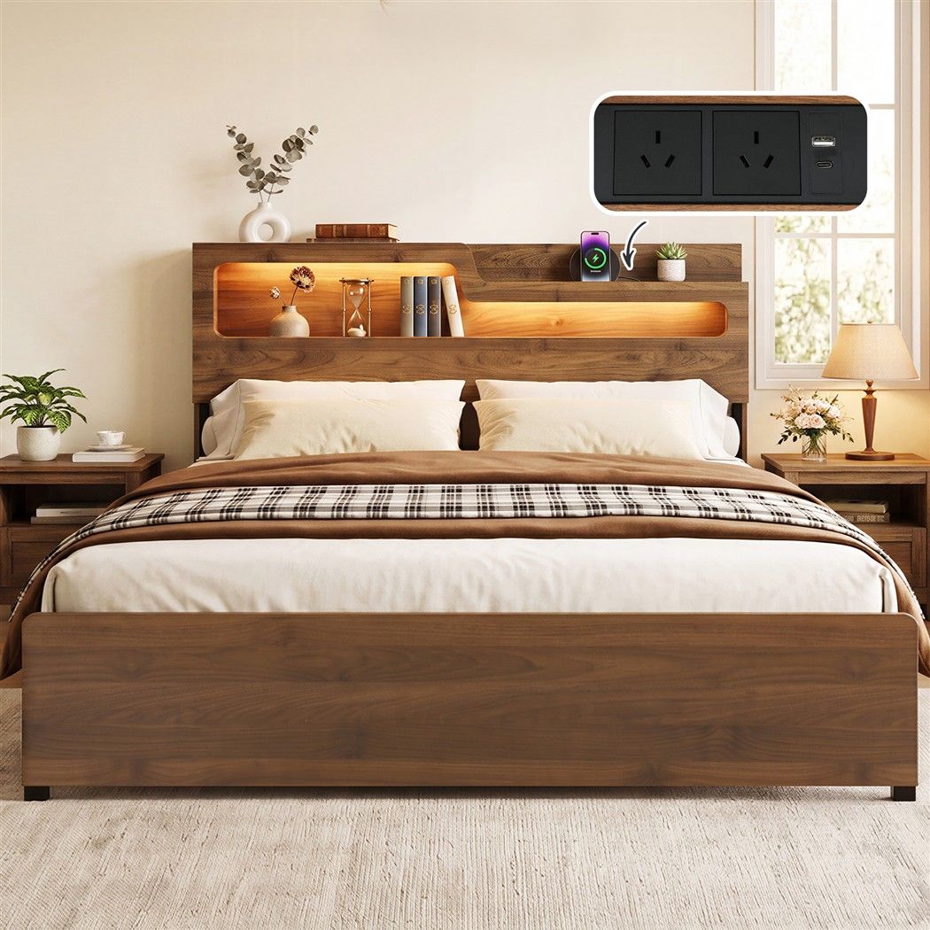 King Bed Frame Metal with Charging Station LED Light Storage Shelf - Furniture > Bedroom > Beds & Bed Frames - Rivercity House & Home Co. (ABN 18 642 972 209) - Affordable Modern Furniture Australia