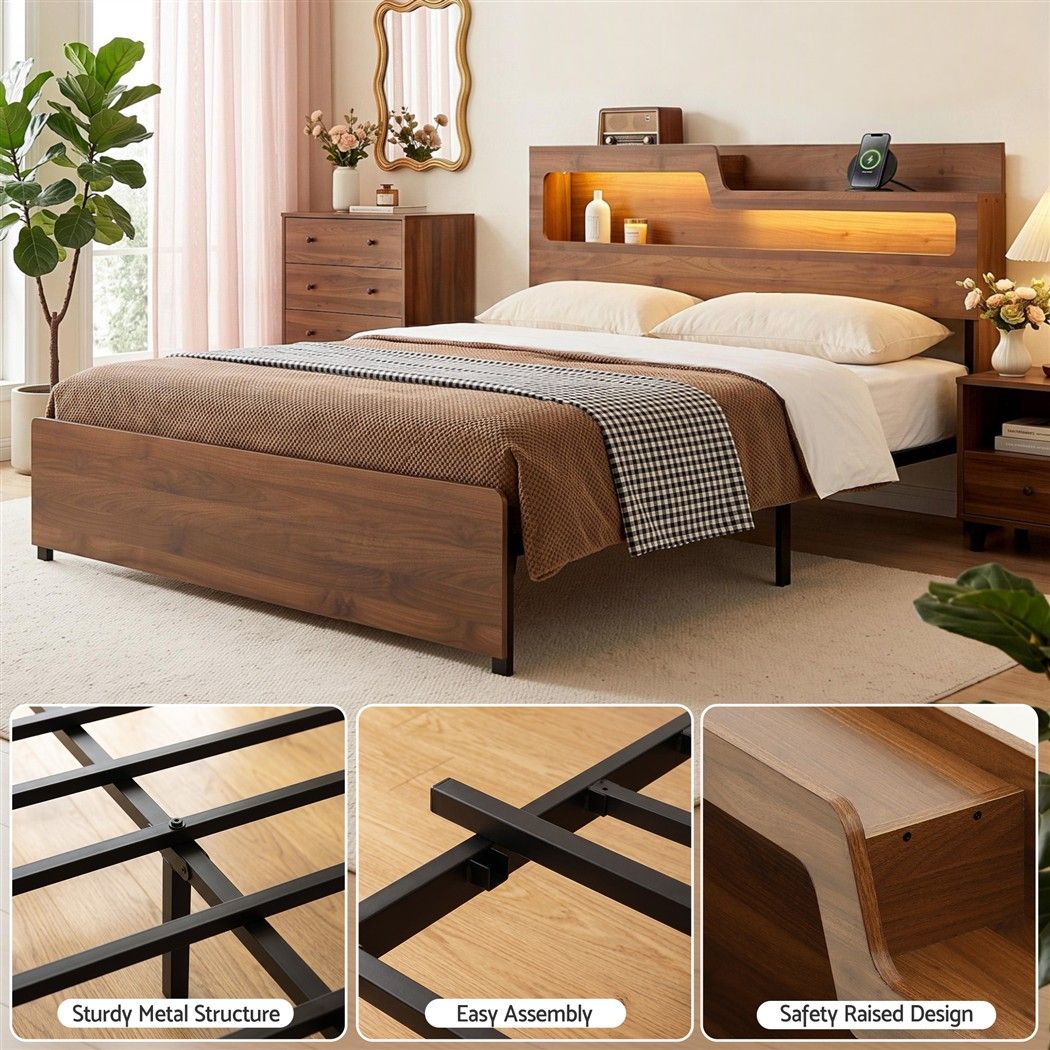 King Bed Frame Metal with Charging Station LED Light Storage Shelf - Furniture > Bedroom > Beds & Bed Frames - Rivercity House & Home Co. (ABN 18 642 972 209) - Affordable Modern Furniture Australia