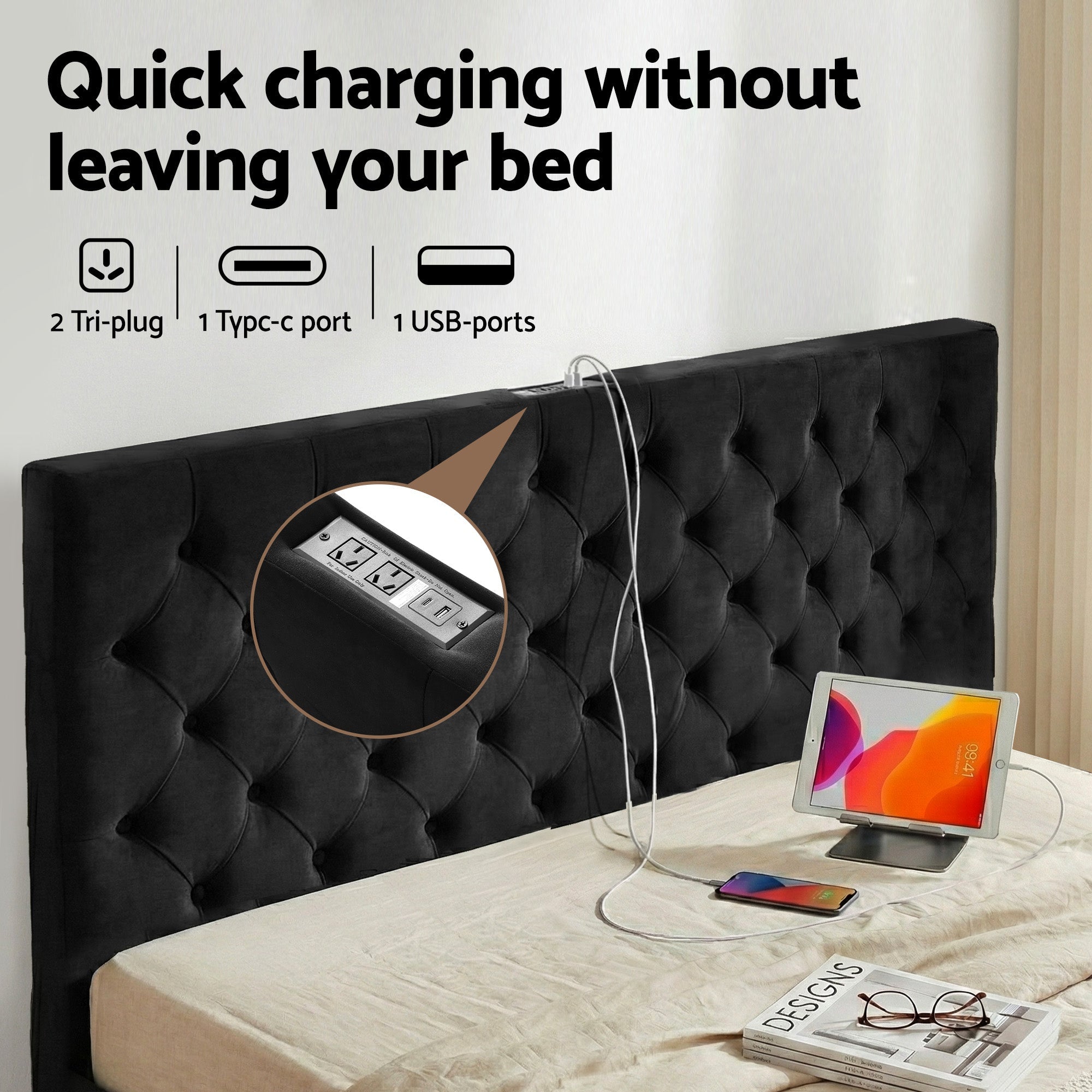 King Bed Frame Storage Charging Station Upholstered 3 Drawers USB Type - C - Furniture > Bedroom > Beds & Bed Frames - Rivercity House & Home Co. (ABN 18 642 972 209) - Affordable Modern Furniture Australia