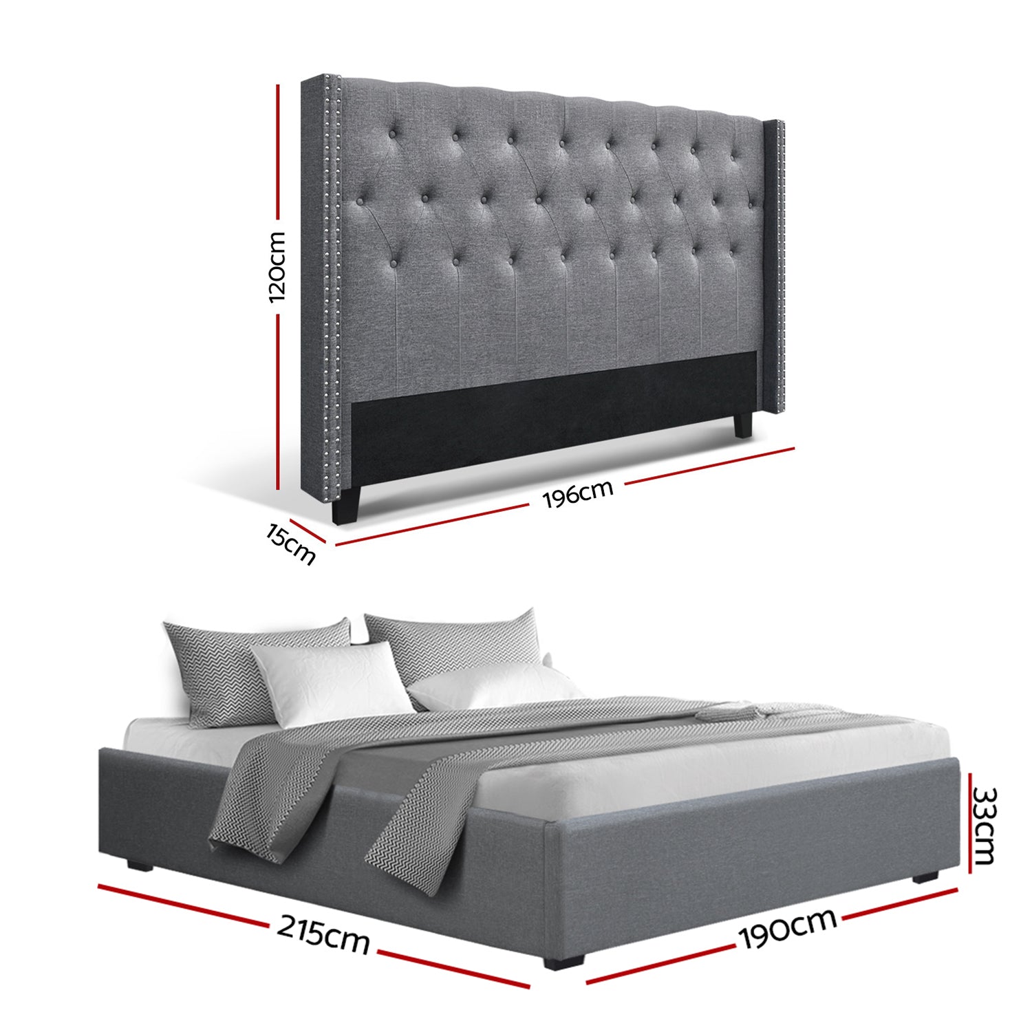 King Bed Frame Storage Tufted Headboard Gas Lift Base Grey - Furniture > Bedroom > Beds & Bed Frames - Rivercity House & Home Co. (ABN 18 642 972 209) - Affordable Modern Furniture Australia