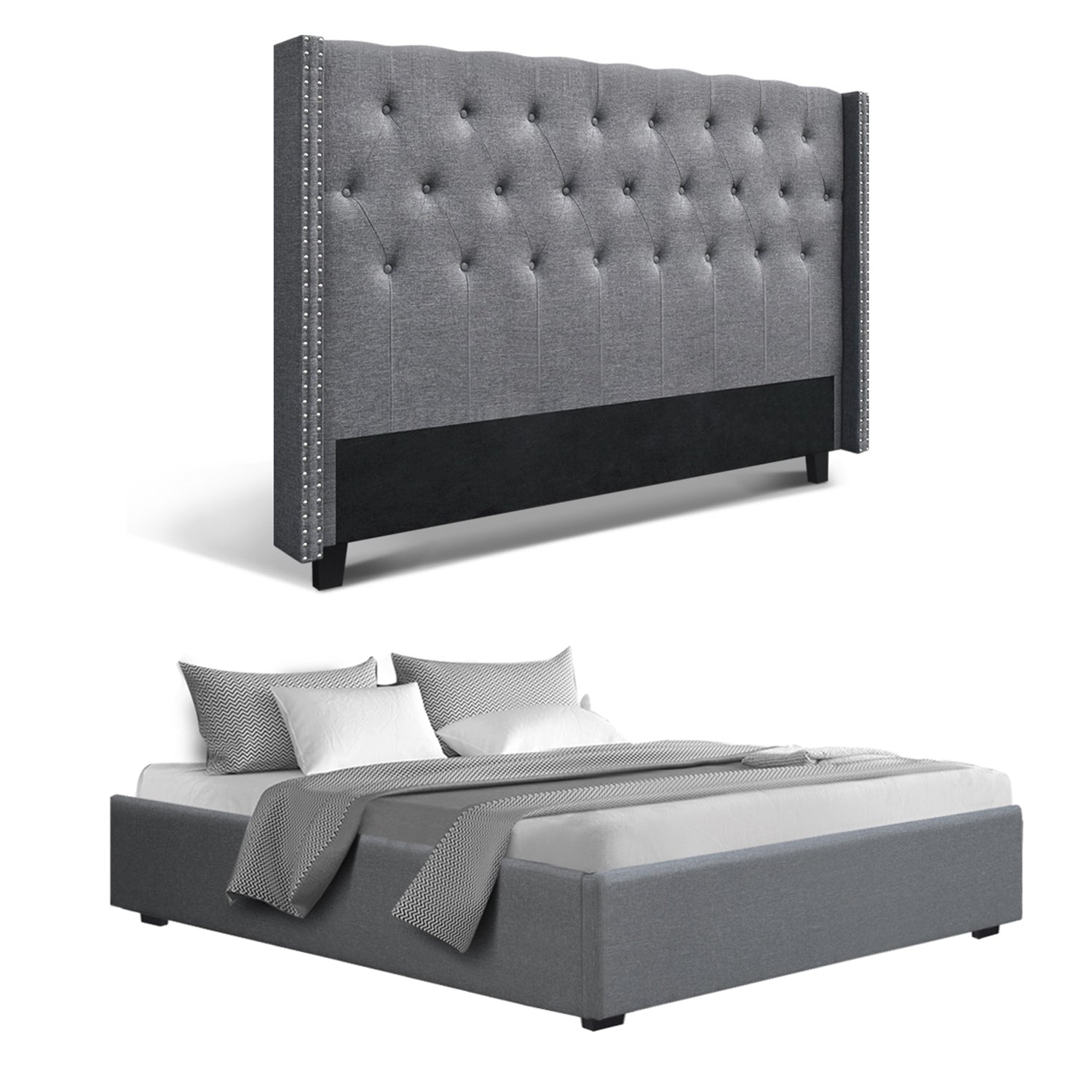 King Bed Frame Storage Tufted Headboard Gas Lift Base Grey - Furniture > Bedroom > Beds & Bed Frames - Rivercity House & Home Co. (ABN 18 642 972 209) - Affordable Modern Furniture Australia