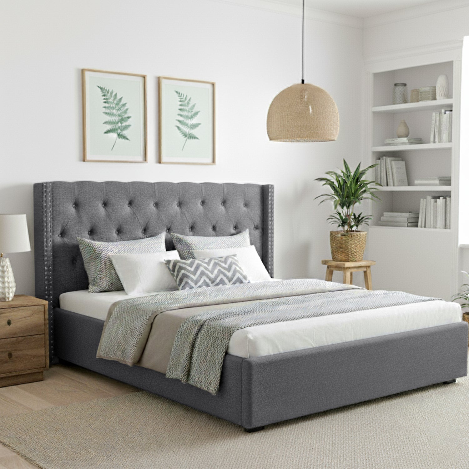 King Bed Frame Storage Tufted Headboard Gas Lift Base Grey - Furniture > Bedroom > Beds & Bed Frames - Rivercity House & Home Co. (ABN 18 642 972 209) - Affordable Modern Furniture Australia