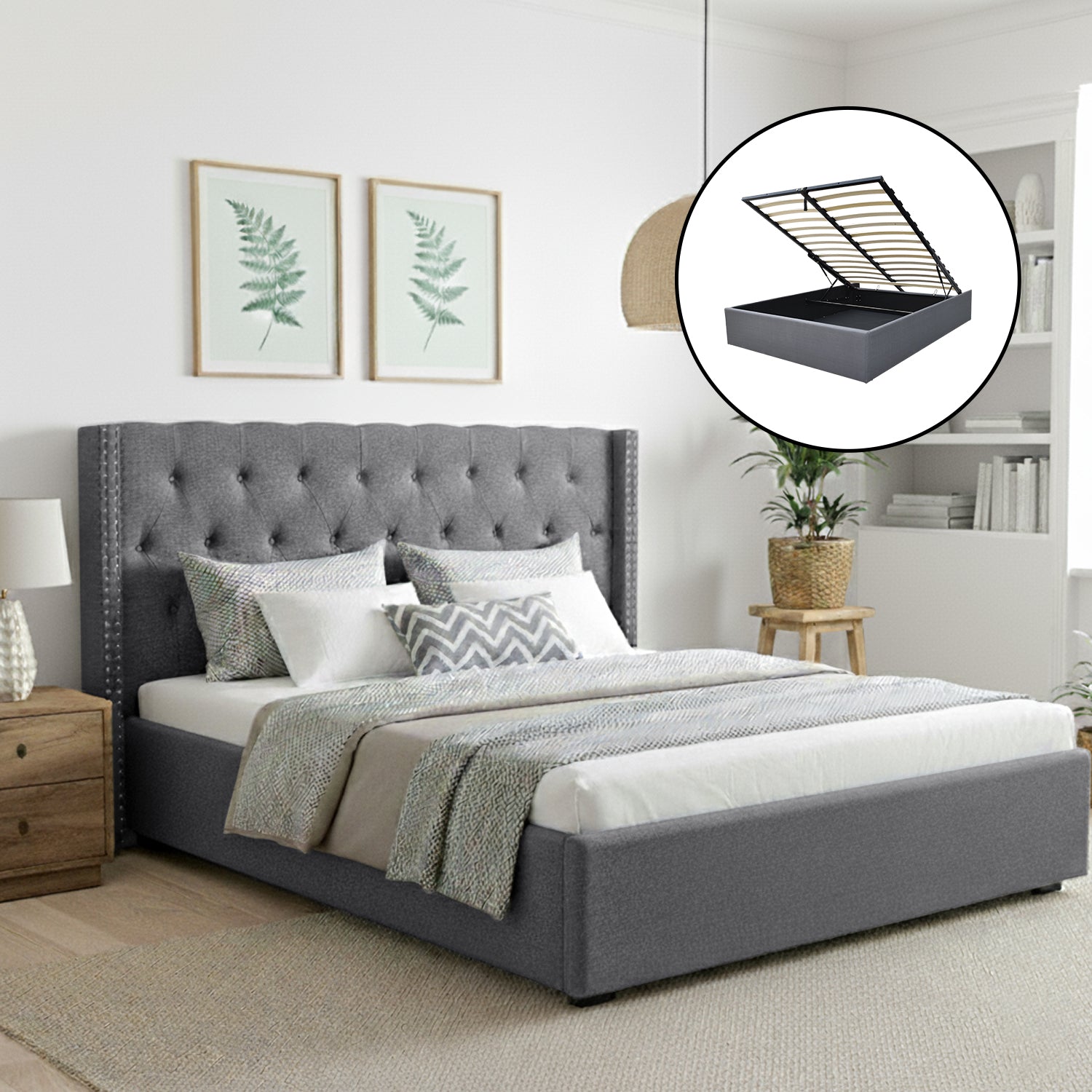 King Bed Frame Storage Tufted Headboard Gas Lift Base Grey - Furniture > Bedroom > Beds & Bed Frames - Rivercity House & Home Co. (ABN 18 642 972 209) - Affordable Modern Furniture Australia
