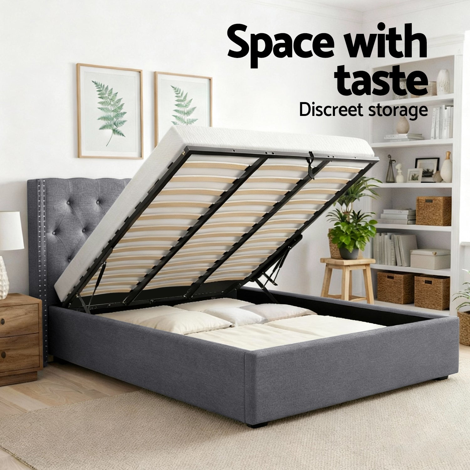 King Bed Frame Storage Tufted Headboard Gas Lift Base Grey - Furniture > Bedroom > Beds & Bed Frames - Rivercity House & Home Co. (ABN 18 642 972 209) - Affordable Modern Furniture Australia