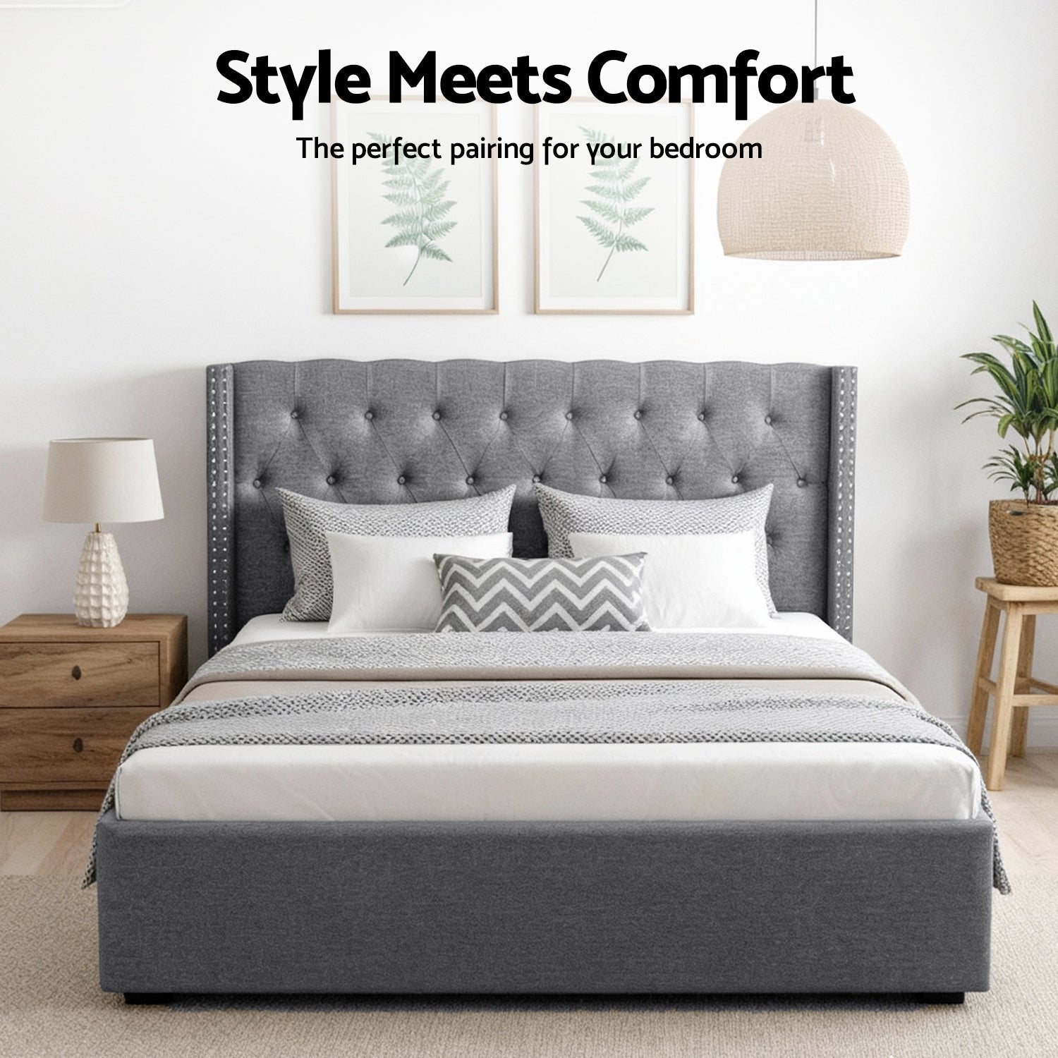 King Bed Frame Storage Tufted Headboard Gas Lift Base Grey - Furniture > Bedroom > Beds & Bed Frames - Rivercity House & Home Co. (ABN 18 642 972 209) - Affordable Modern Furniture Australia