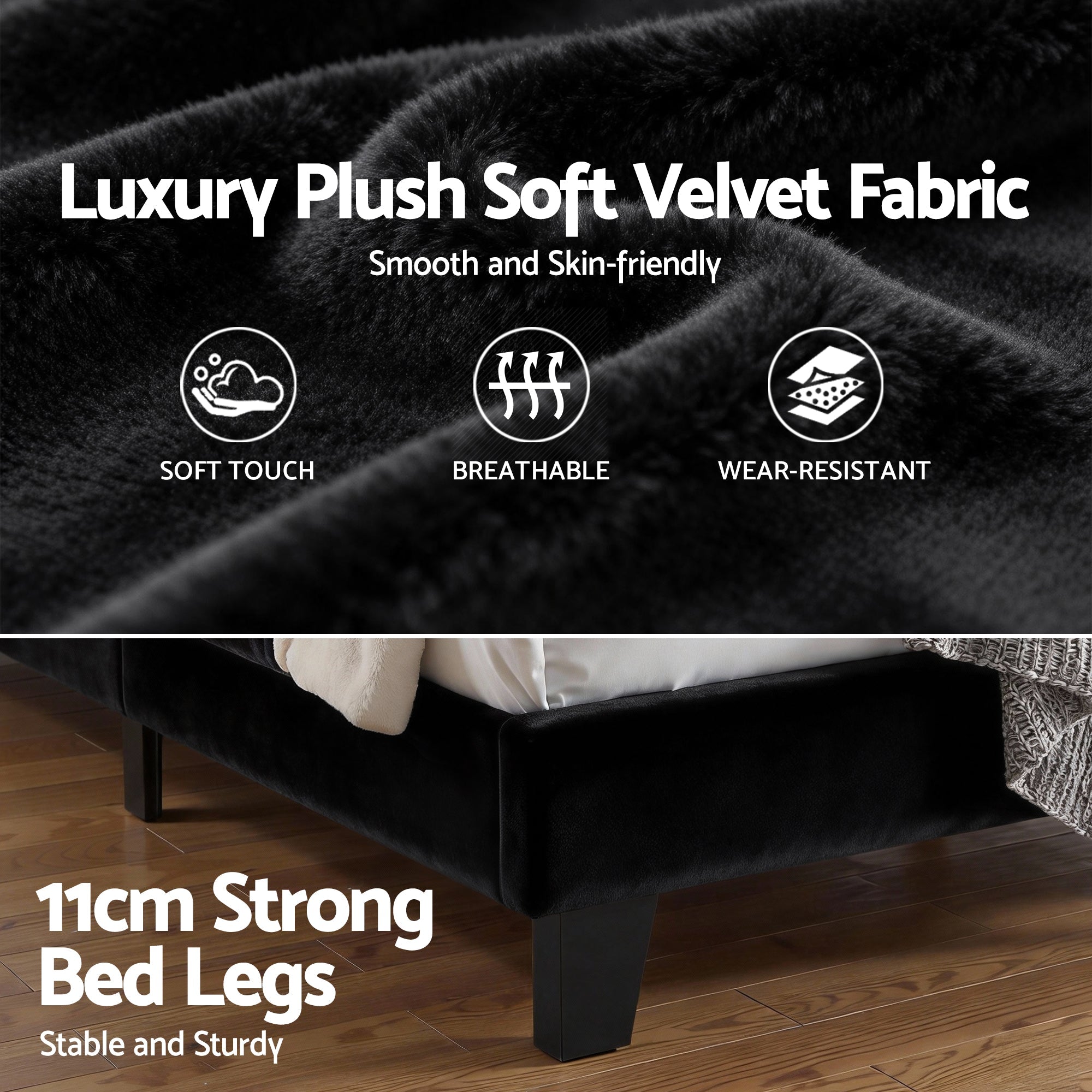 King Bed Frame Upholstered Platform Base with Geometric Headboard Black Velvet - Furniture > Bedroom > Beds & Bed Frames - Rivercity House & Home Co. (ABN 18 642 972 209) - Affordable Modern Furniture Australia