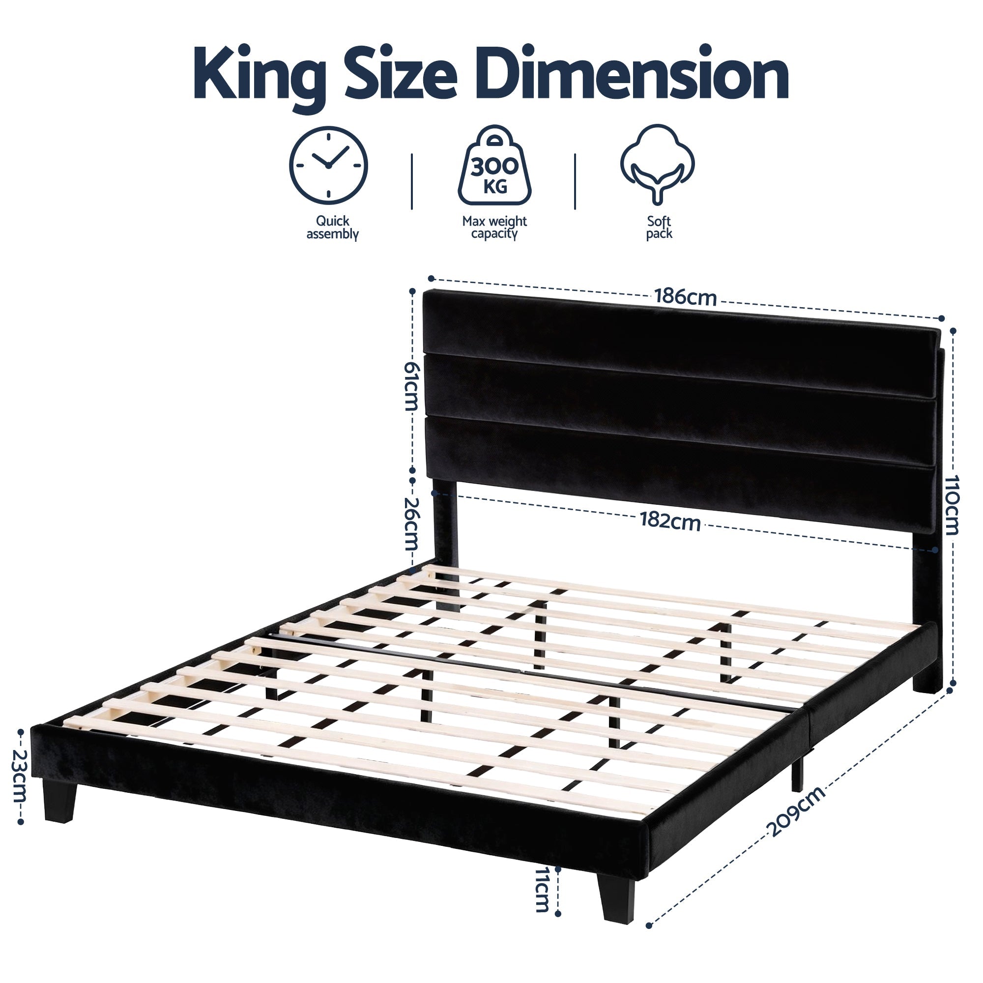 King Bed Frame Upholstered Platform Base with Geometric Headboard Black Velvet - Furniture > Bedroom > Beds & Bed Frames - Rivercity House & Home Co. (ABN 18 642 972 209) - Affordable Modern Furniture Australia