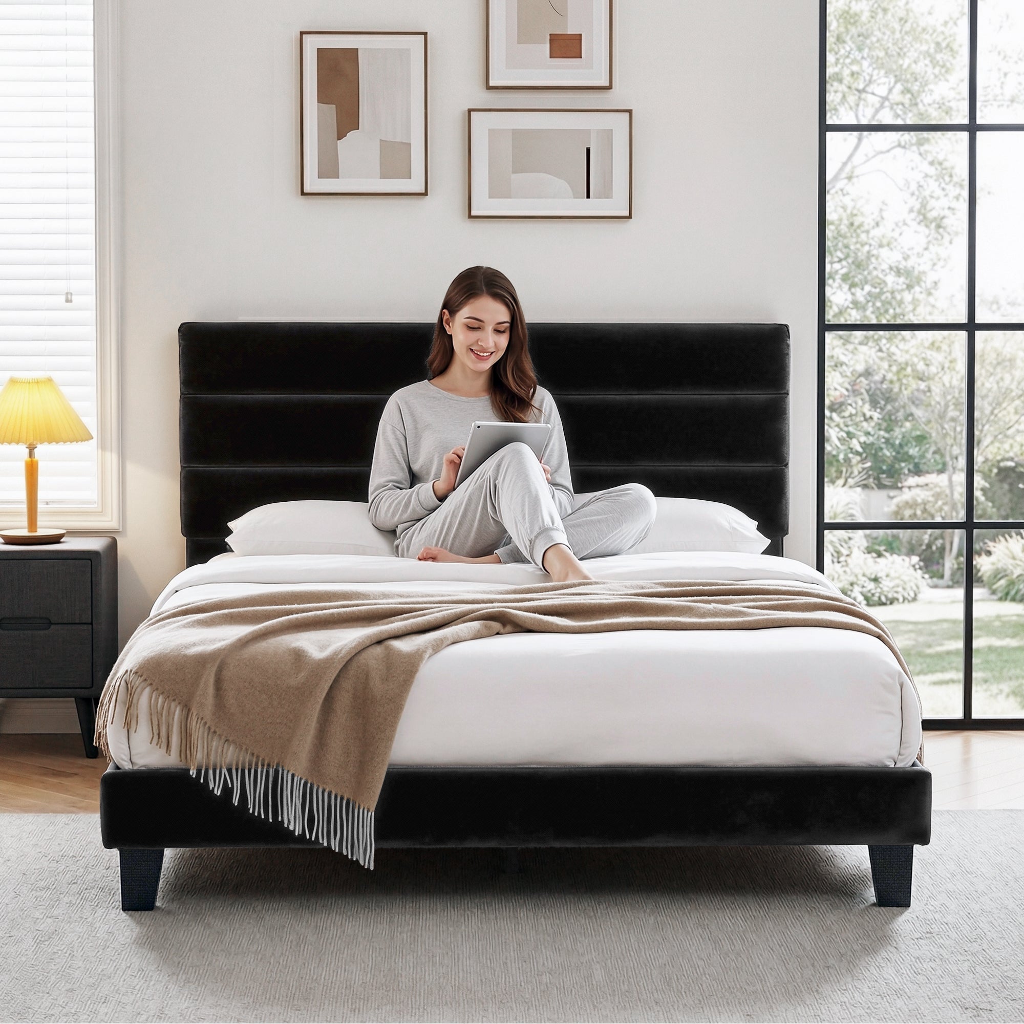 King Bed Frame Upholstered Platform Base with Geometric Headboard Black Velvet - Furniture > Bedroom > Beds & Bed Frames - Rivercity House & Home Co. (ABN 18 642 972 209) - Affordable Modern Furniture Australia