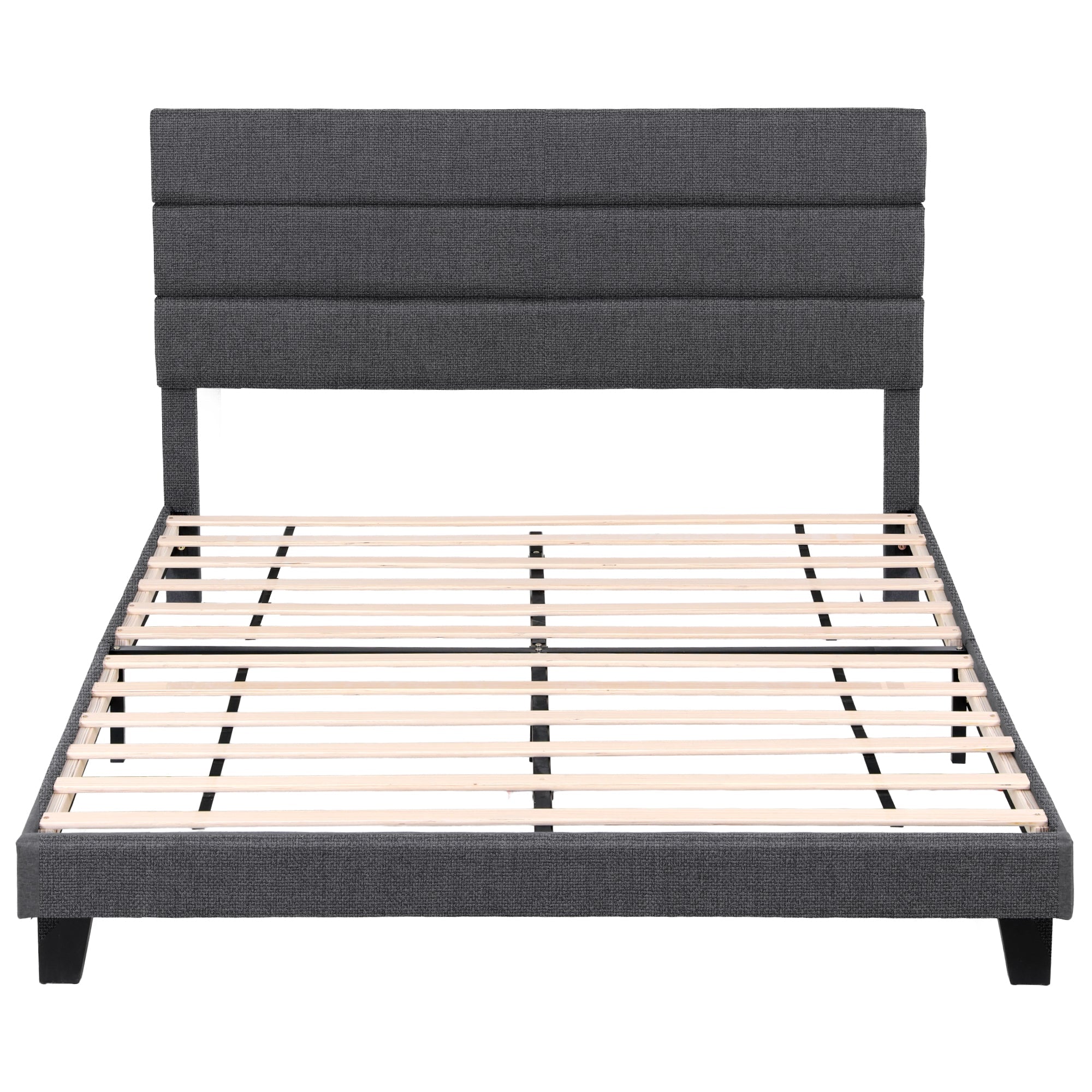 King Bed Frame Upholstered Platform Base with Geometric Headboard Charcoal Grey Linen Wood Slats for Modern Bedroom Furniture Home Decor - Furniture > Bedroom > Beds & Bed Frames - Rivercity House & Home Co. (ABN 18 642 972 209) - Affordable Modern Furniture Australia