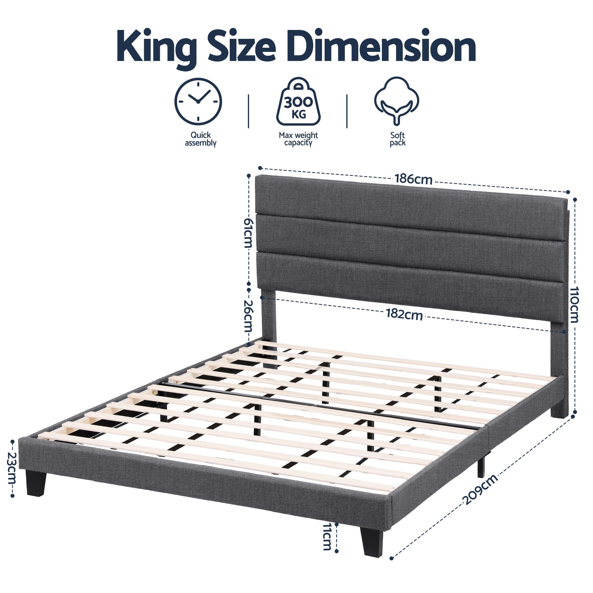 King Bed Frame Upholstered Platform Base with Geometric Headboard Charcoal Grey Linen Wood Slats for Modern Bedroom Furniture Home Decor - Furniture > Bedroom > Beds & Bed Frames - Rivercity House & Home Co. (ABN 18 642 972 209) - Affordable Modern Furniture Australia