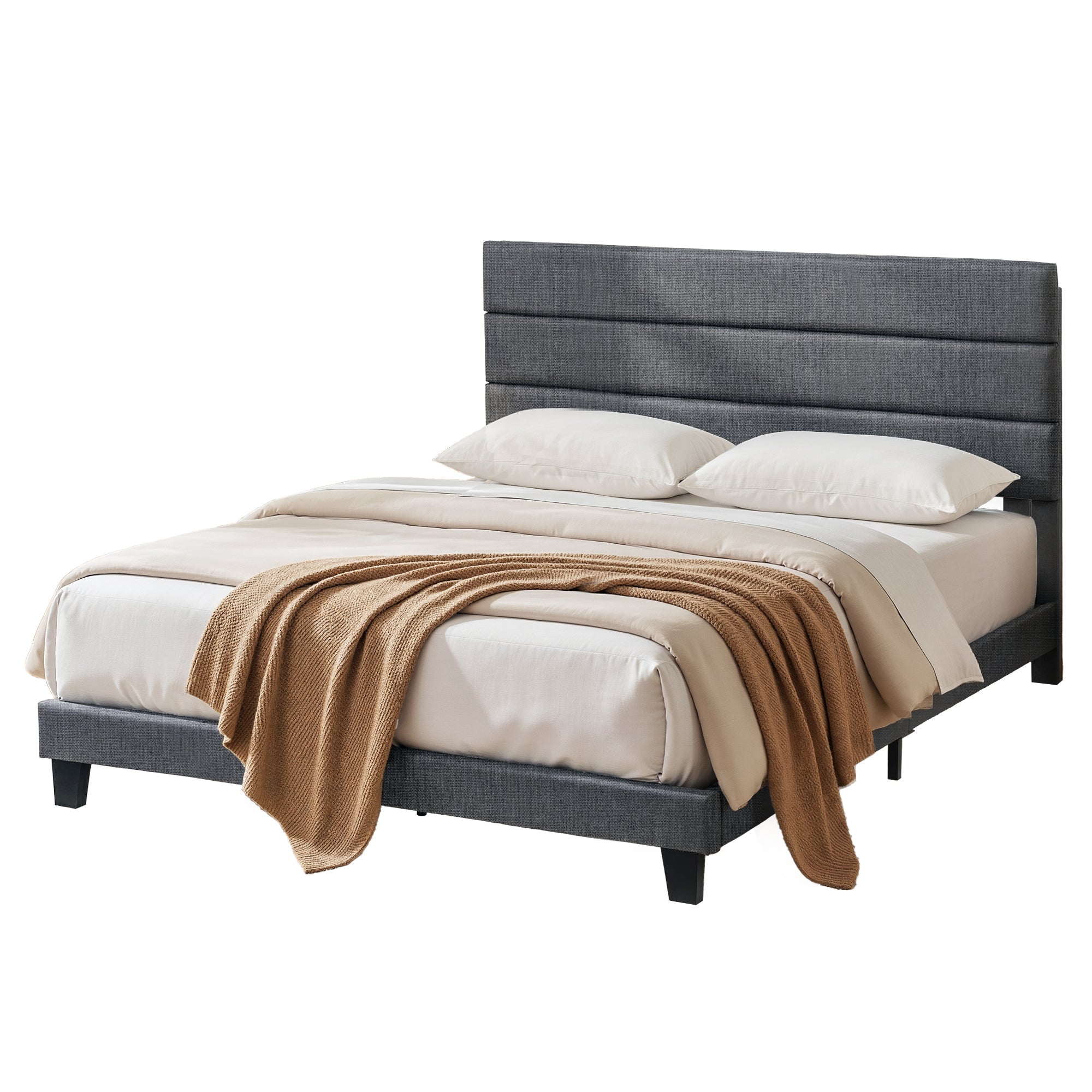 King Bed Frame Upholstered Platform Base with Geometric Headboard Charcoal Grey Linen Wood Slats for Modern Bedroom Furniture Home Decor - Furniture > Bedroom > Beds & Bed Frames - Rivercity House & Home Co. (ABN 18 642 972 209) - Affordable Modern Furniture Australia