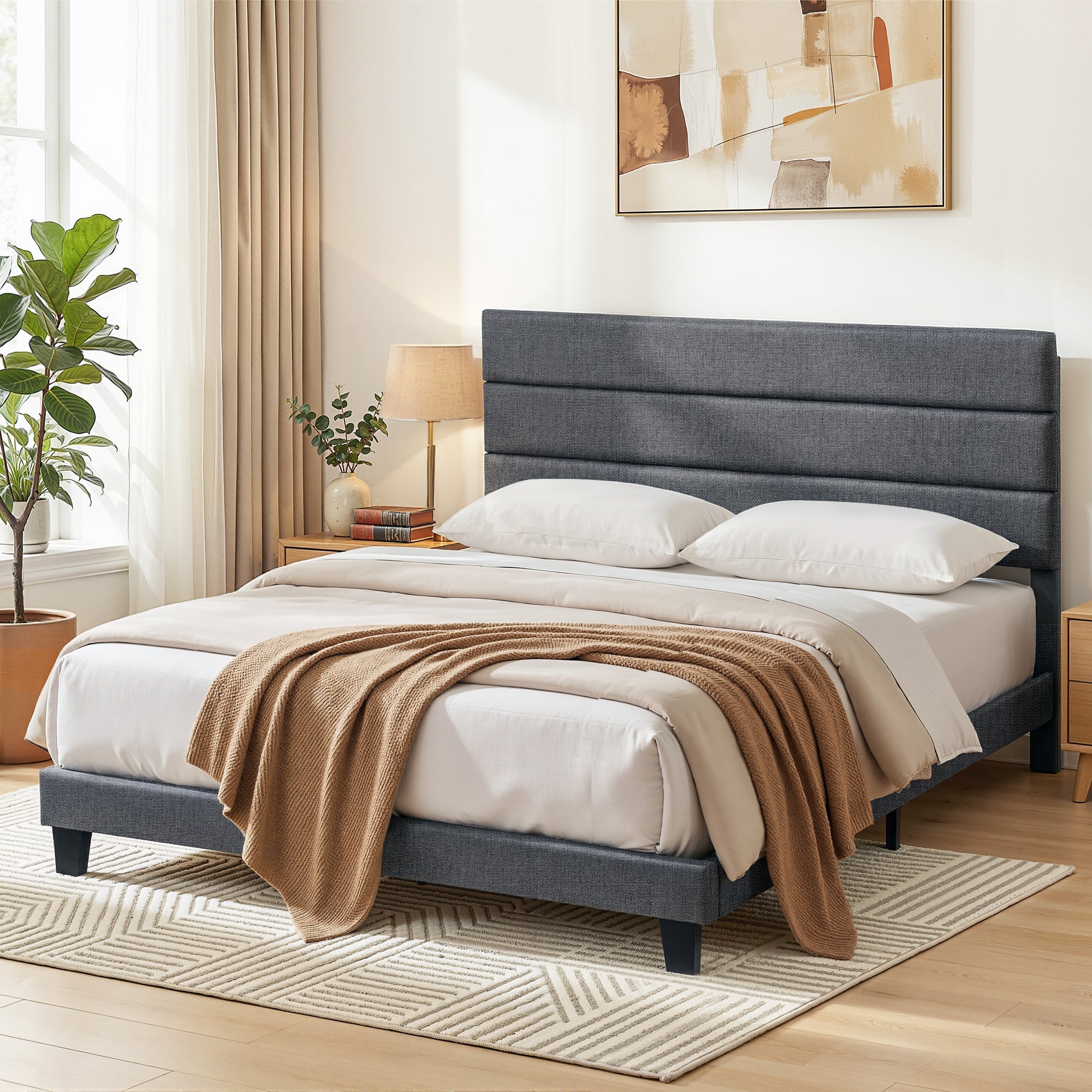 King Bed Frame Upholstered Platform Base with Geometric Headboard Charcoal Grey Linen Wood Slats for Modern Bedroom Furniture Home Decor - Furniture > Bedroom > Beds & Bed Frames - Rivercity House & Home Co. (ABN 18 642 972 209) - Affordable Modern Furniture Australia