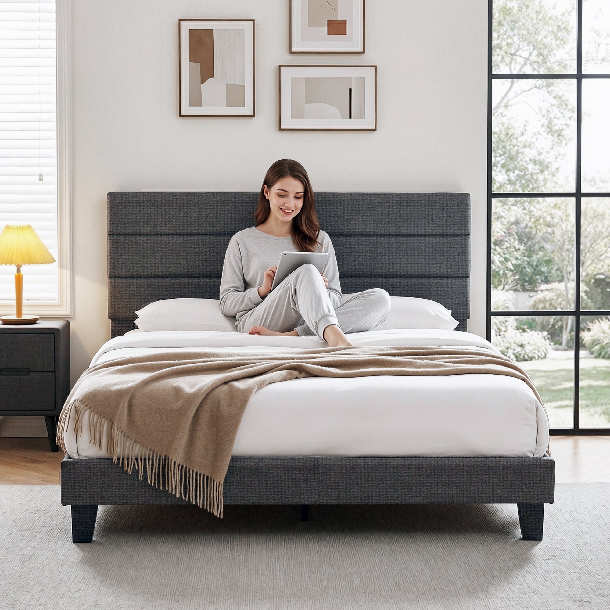 King Bed Frame Upholstered Platform Base with Geometric Headboard Charcoal Grey Linen Wood Slats for Modern Bedroom Furniture Home Decor - Furniture > Bedroom > Beds & Bed Frames - Rivercity House & Home Co. (ABN 18 642 972 209) - Affordable Modern Furniture Australia