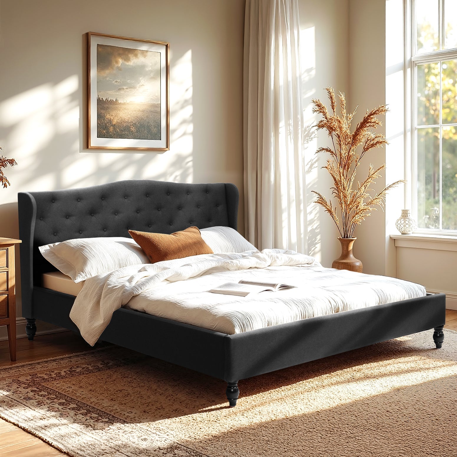 King Bed Frame Wingback Headboard Charcoal Grey Linen Upholstered Platform Bed Base - Furniture > Bedroom > Beds & Bed Frames - Rivercity House & Home Co. (ABN 18 642 972 209) - Affordable Modern Furniture Australia