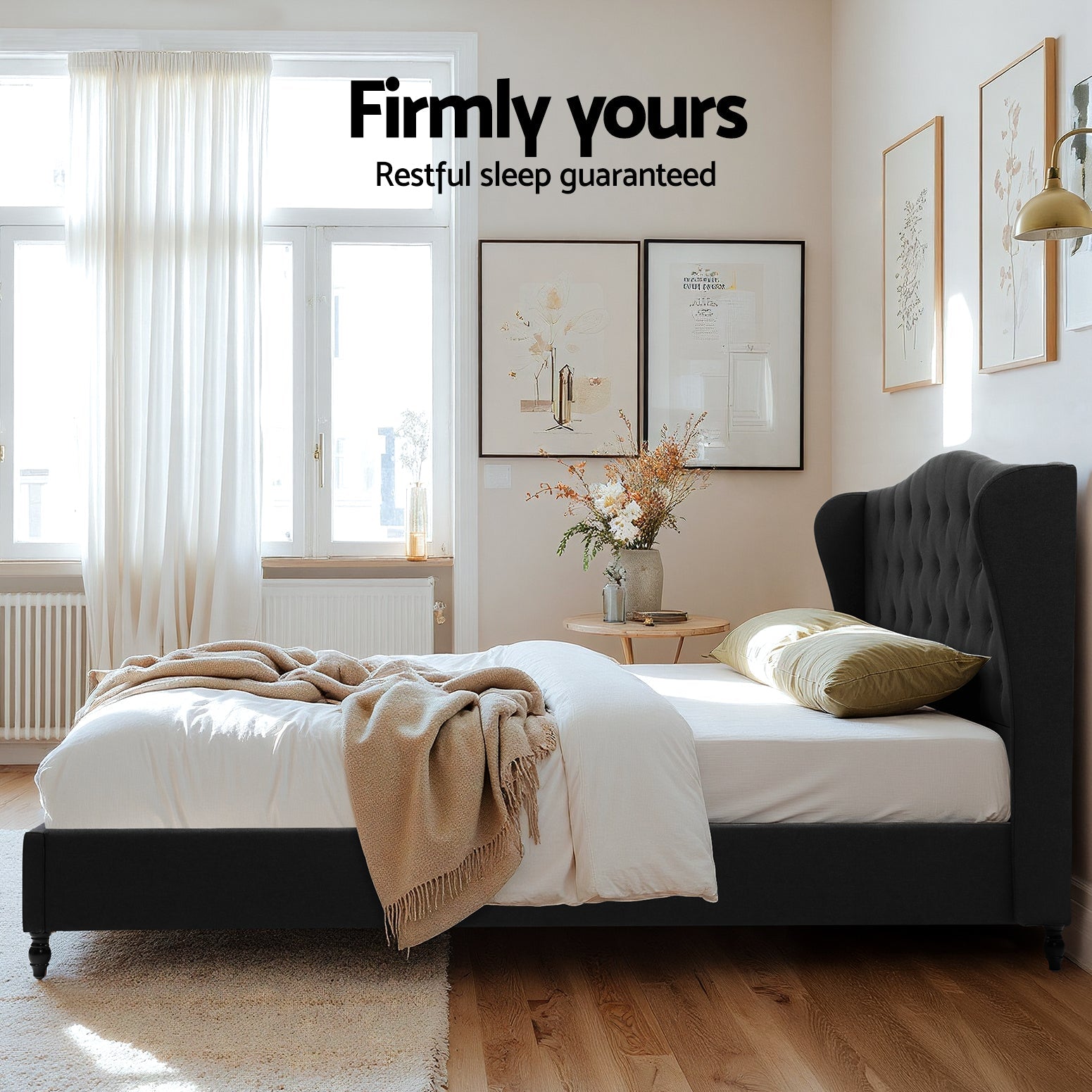 King Bed Frame Wingback Headboard Charcoal Grey Linen Upholstered Platform Bed Base - Furniture > Bedroom > Beds & Bed Frames - Rivercity House & Home Co. (ABN 18 642 972 209) - Affordable Modern Furniture Australia