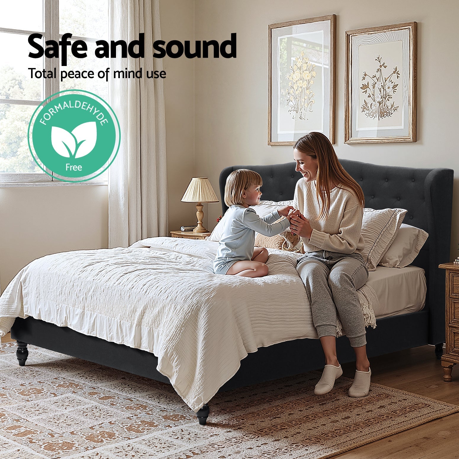 King Bed Frame Wingback Headboard Charcoal Grey Linen Upholstered Platform Bed Base - Furniture > Bedroom > Beds & Bed Frames - Rivercity House & Home Co. (ABN 18 642 972 209) - Affordable Modern Furniture Australia