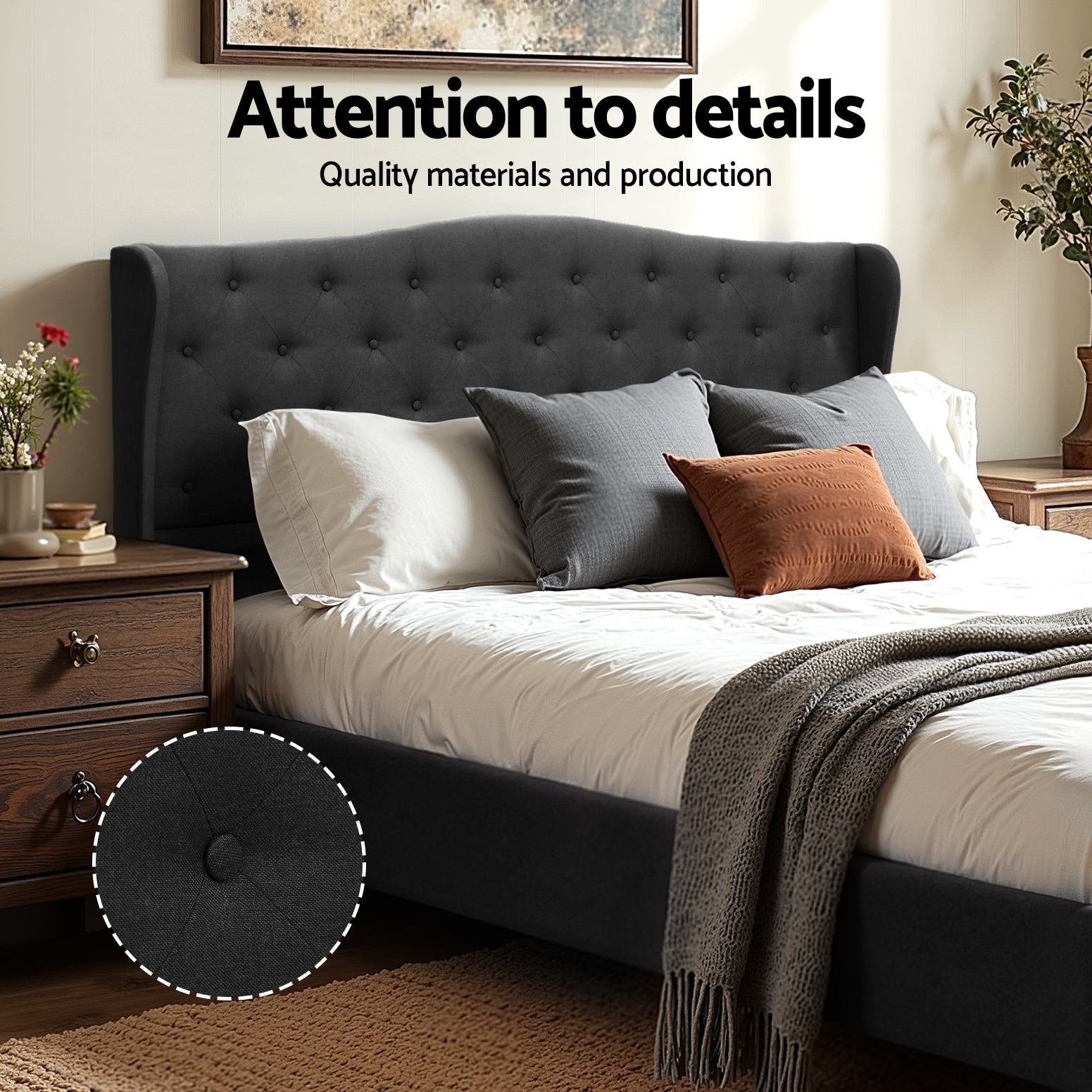 King Bed Frame Wingback Headboard Charcoal Grey Linen Upholstered Platform Bed Base - Furniture > Bedroom > Beds & Bed Frames - Rivercity House & Home Co. (ABN 18 642 972 209) - Affordable Modern Furniture Australia
