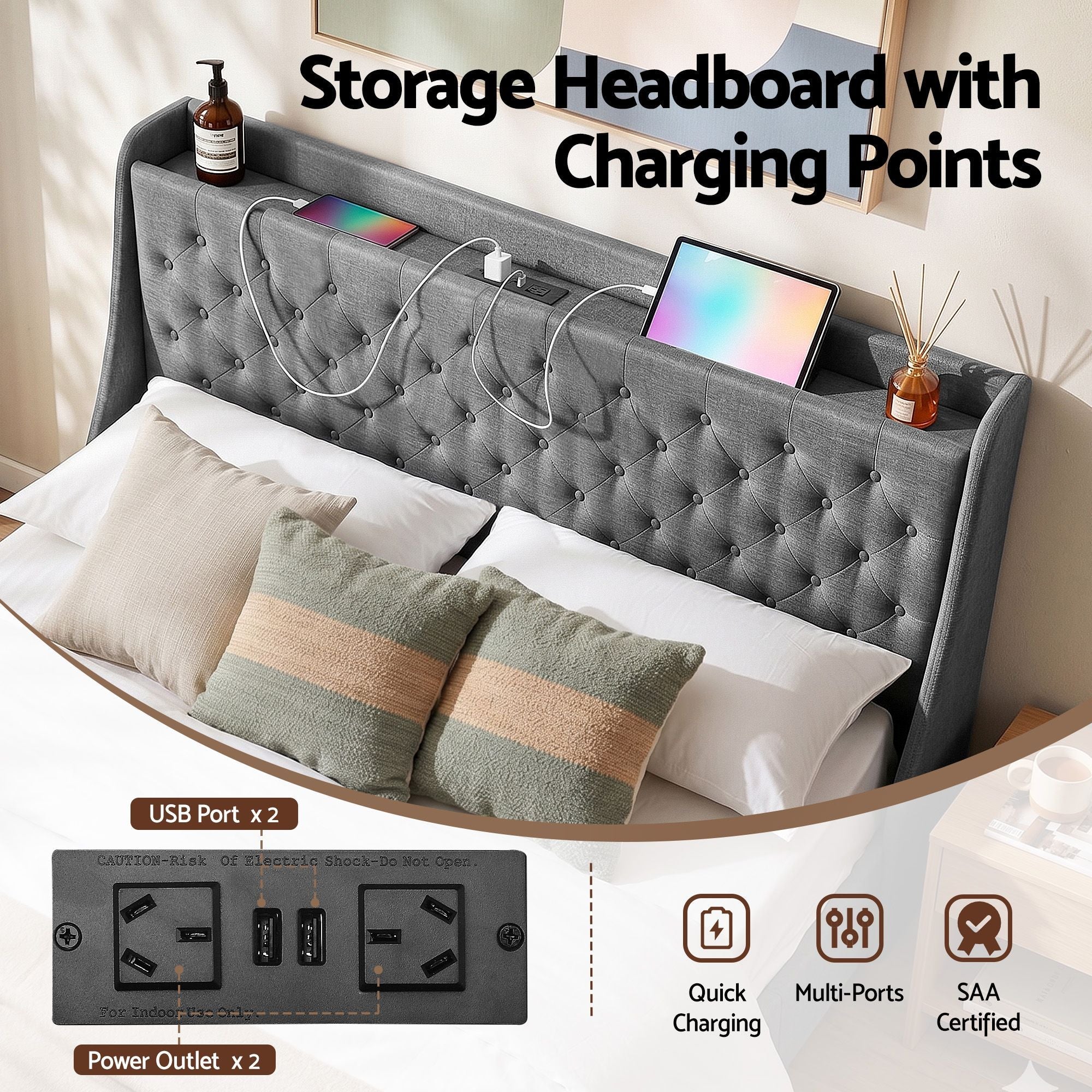 King Bed Frame with 4 Storage Drawers and Charging Station Tufted Wingback Headboard 300kg Loads Charcoal Grey - Furniture > Bedroom > Beds & Bed Frames - Rivercity House & Home Co. (ABN 18 642 972 209) - Affordable Modern Furniture Australia