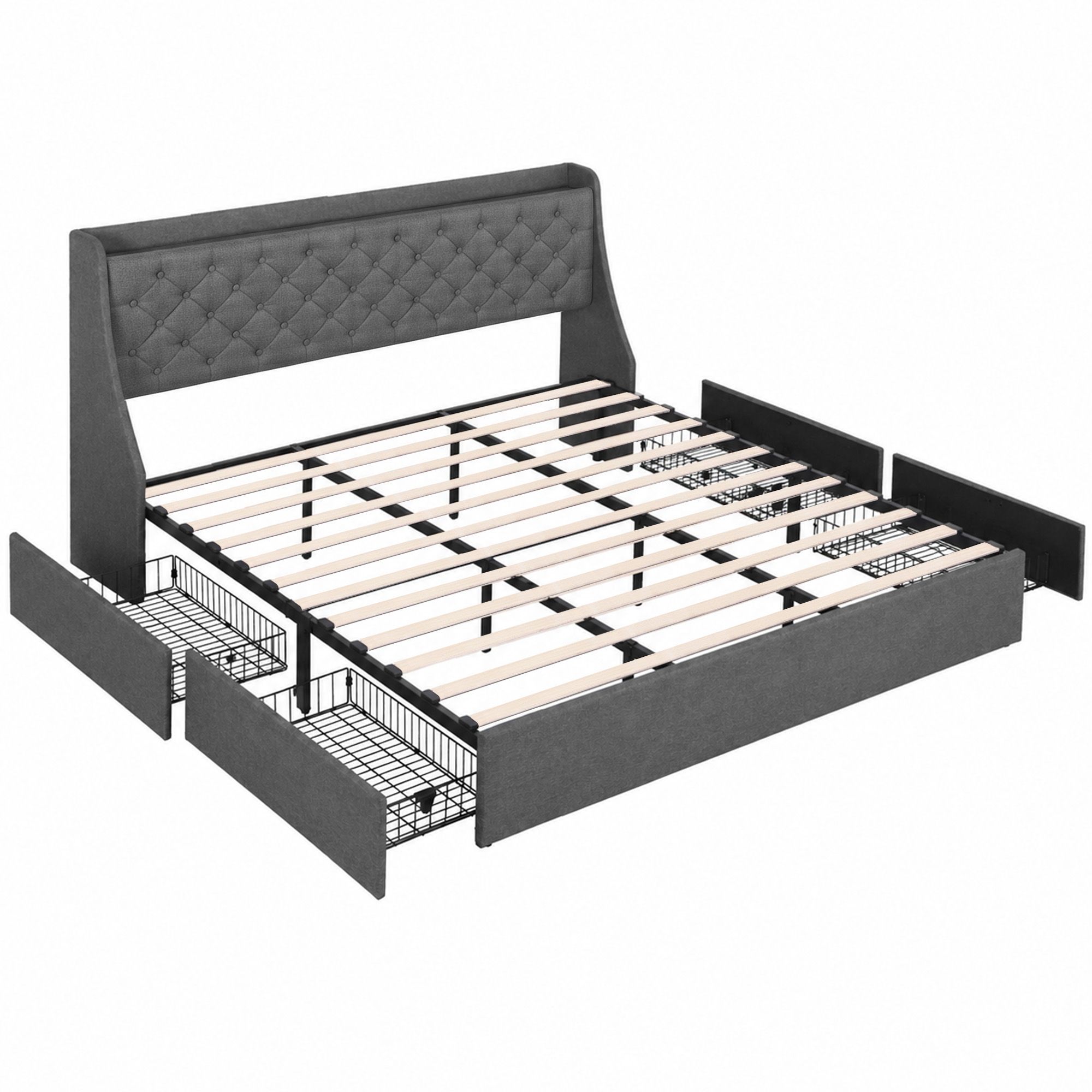King Bed Frame with 4 Storage Drawers and Charging Station Tufted Wingback Headboard 300kg Loads Charcoal Grey - Furniture > Bedroom > Beds & Bed Frames - Rivercity House & Home Co. (ABN 18 642 972 209) - Affordable Modern Furniture Australia