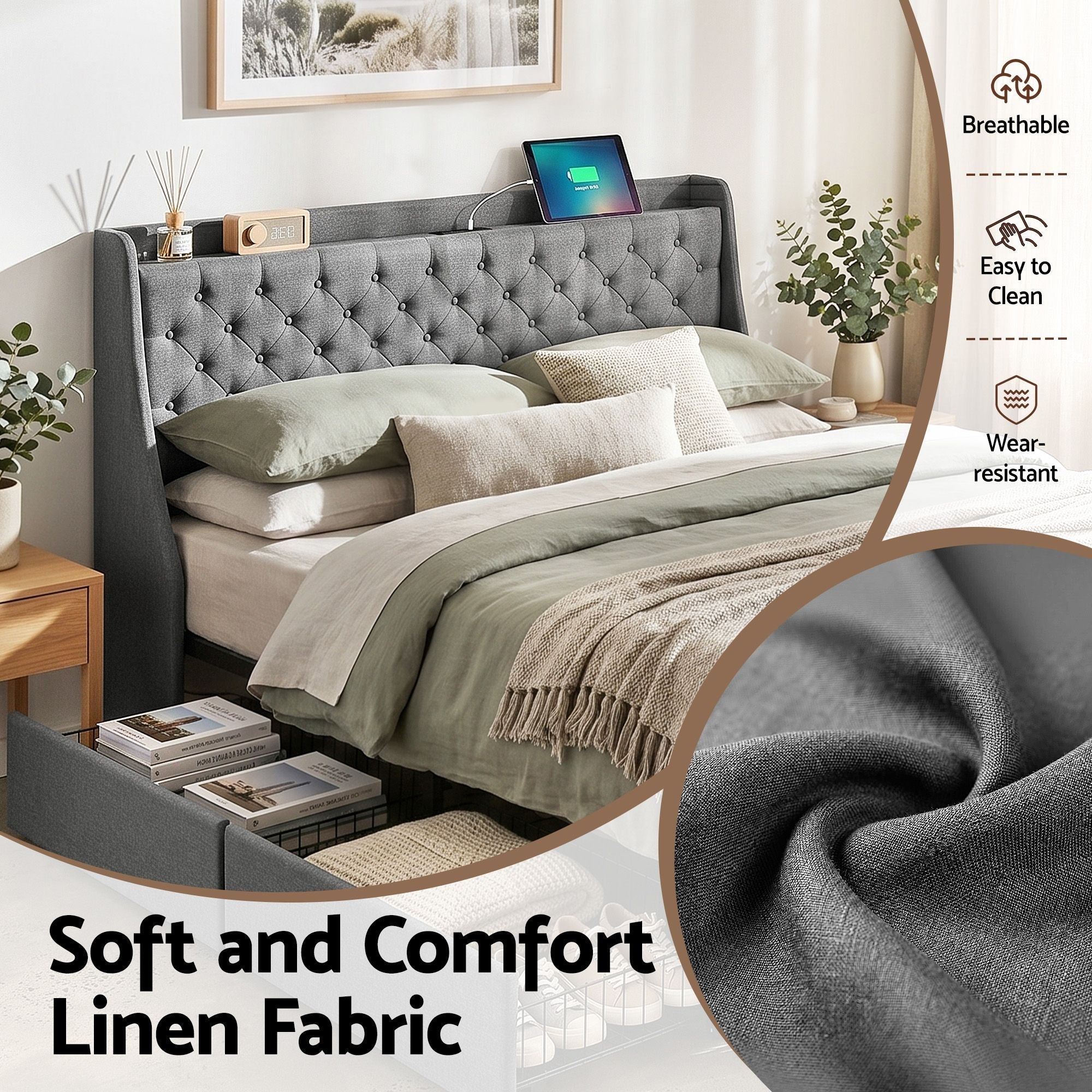 King Bed Frame with 4 Storage Drawers and Charging Station Tufted Wingback Headboard 300kg Loads Charcoal Grey - Furniture > Bedroom > Beds & Bed Frames - Rivercity House & Home Co. (ABN 18 642 972 209) - Affordable Modern Furniture Australia