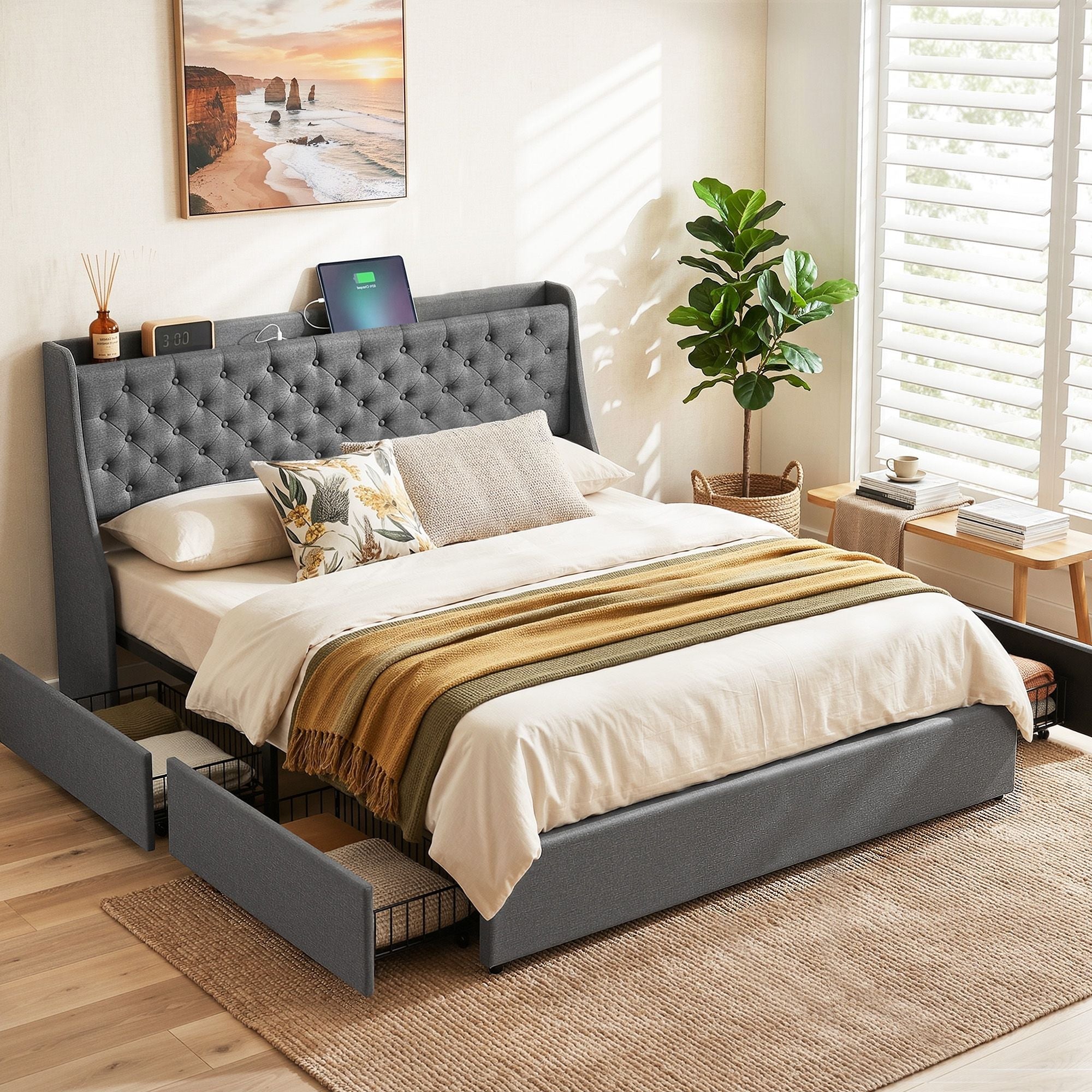 King Bed Frame with 4 Storage Drawers and Charging Station Tufted Wingback Headboard 300kg Loads Charcoal Grey - Furniture > Bedroom > Beds & Bed Frames - Rivercity House & Home Co. (ABN 18 642 972 209) - Affordable Modern Furniture Australia