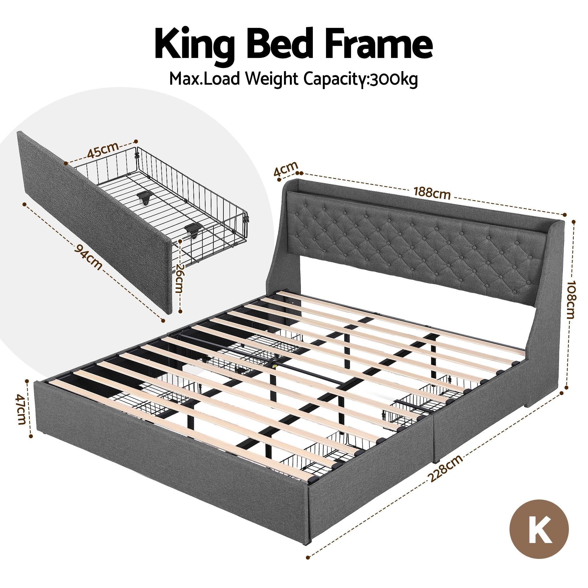King Bed Frame with 4 Storage Drawers and Charging Station Tufted Wingback Headboard 300kg Loads Charcoal Grey - Furniture > Bedroom > Beds & Bed Frames - Rivercity House & Home Co. (ABN 18 642 972 209) - Affordable Modern Furniture Australia