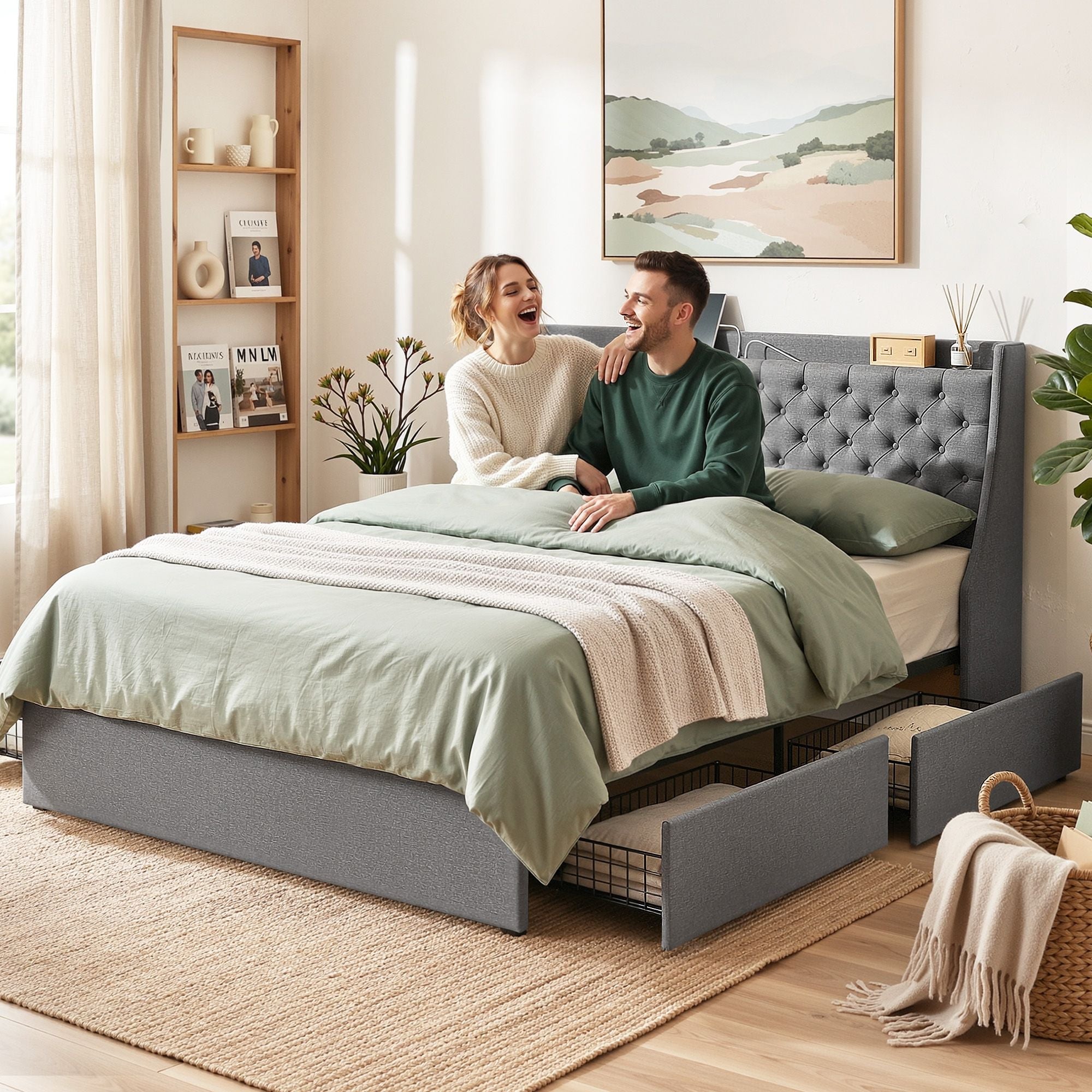 King Bed Frame with 4 Storage Drawers and Charging Station Tufted Wingback Headboard 300kg Loads Charcoal Grey - Furniture > Bedroom > Beds & Bed Frames - Rivercity House & Home Co. (ABN 18 642 972 209) - Affordable Modern Furniture Australia