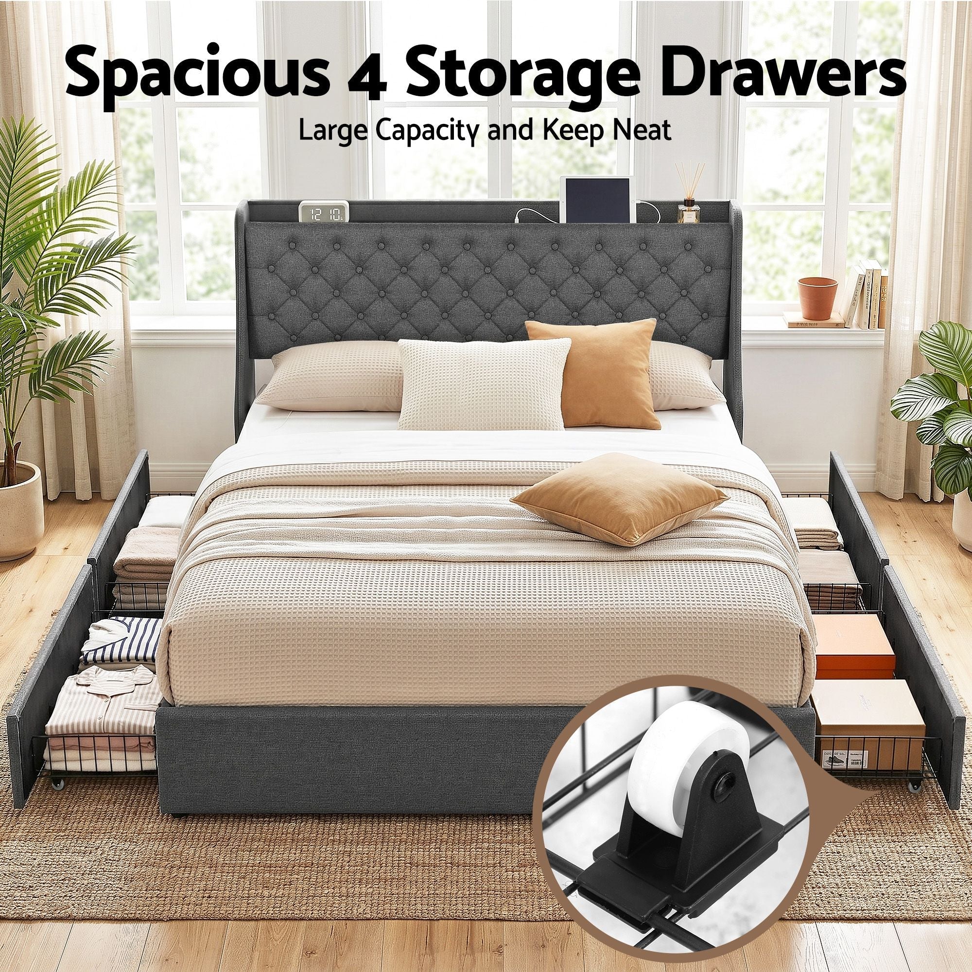 King Bed Frame with 4 Storage Drawers and Charging Station Tufted Wingback Headboard 300kg Loads Charcoal Grey - Furniture > Bedroom > Beds & Bed Frames - Rivercity House & Home Co. (ABN 18 642 972 209) - Affordable Modern Furniture Australia