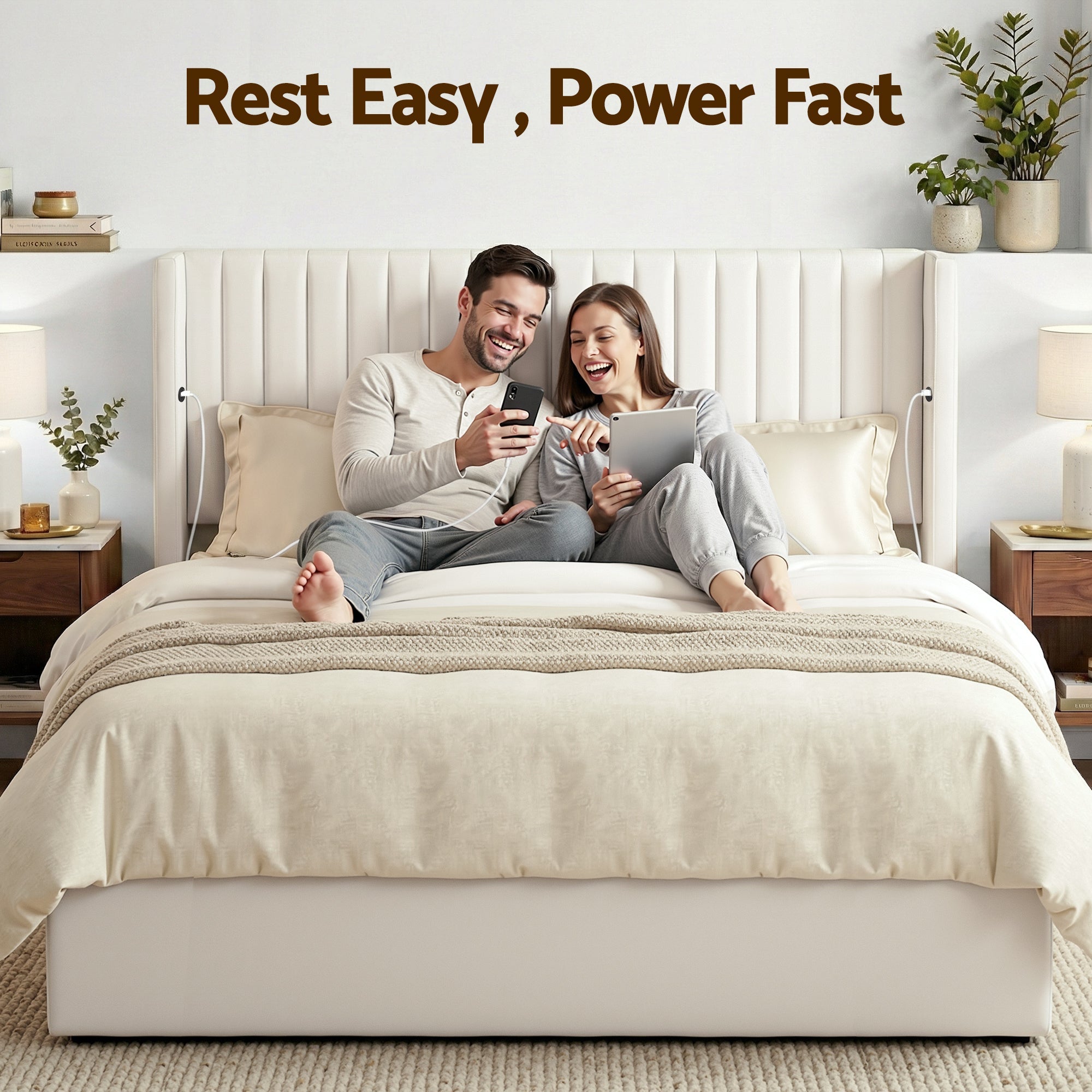 King Bed Frame with Gaslift Storage USB Type - C Charging Ports Velvet Upholstery White - Furniture > Bedroom > Beds & Bed Frames - Rivercity House & Home Co. (ABN 18 642 972 209) - Affordable Modern Furniture Australia