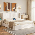 King Bed Frame with Gaslift Storage & USB Type-C Charging Ports - White Velvet