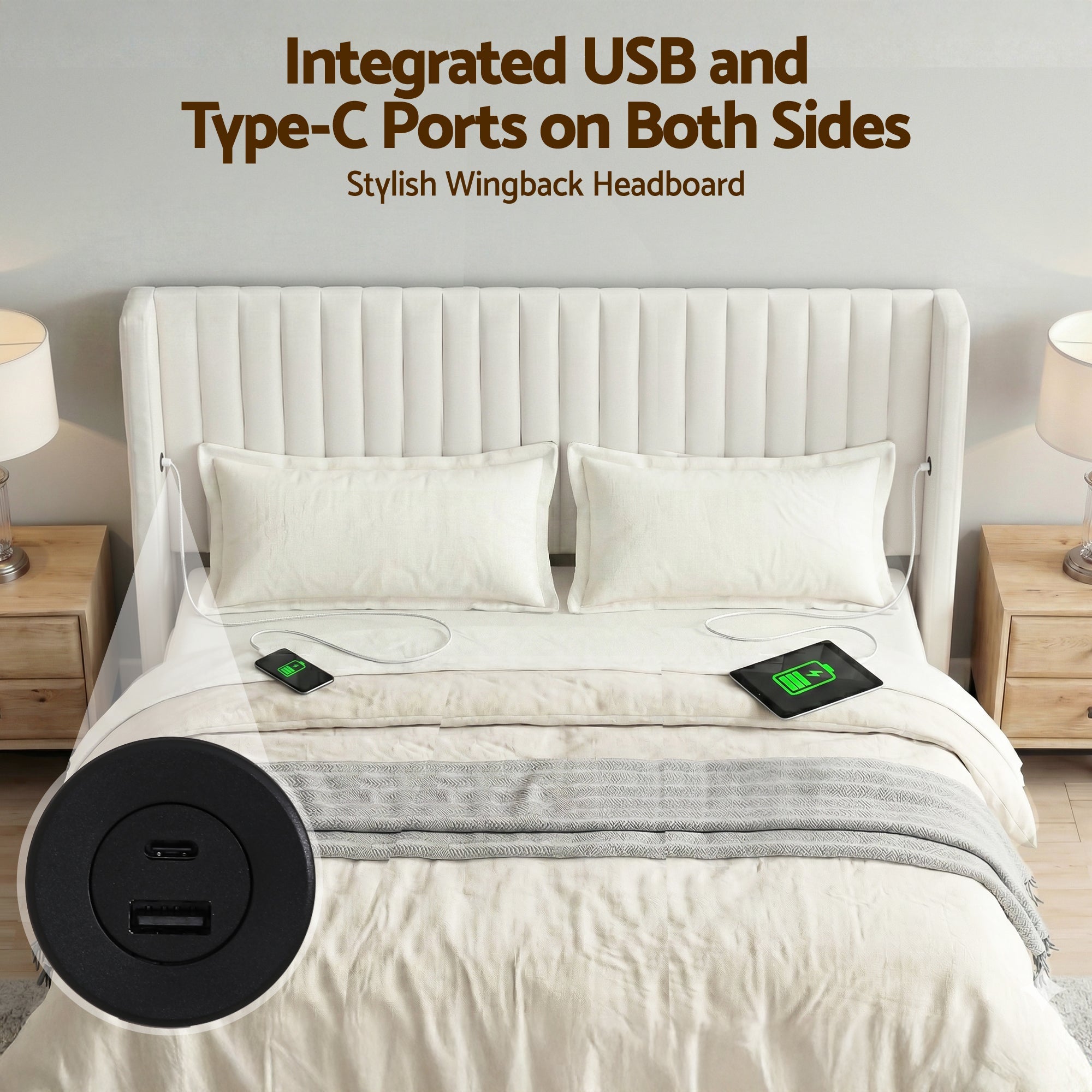 King Bed Frame with Gaslift Storage USB Type - C Charging Ports Velvet Upholstery White - Furniture > Bedroom > Beds & Bed Frames - Rivercity House & Home Co. (ABN 18 642 972 209) - Affordable Modern Furniture Australia