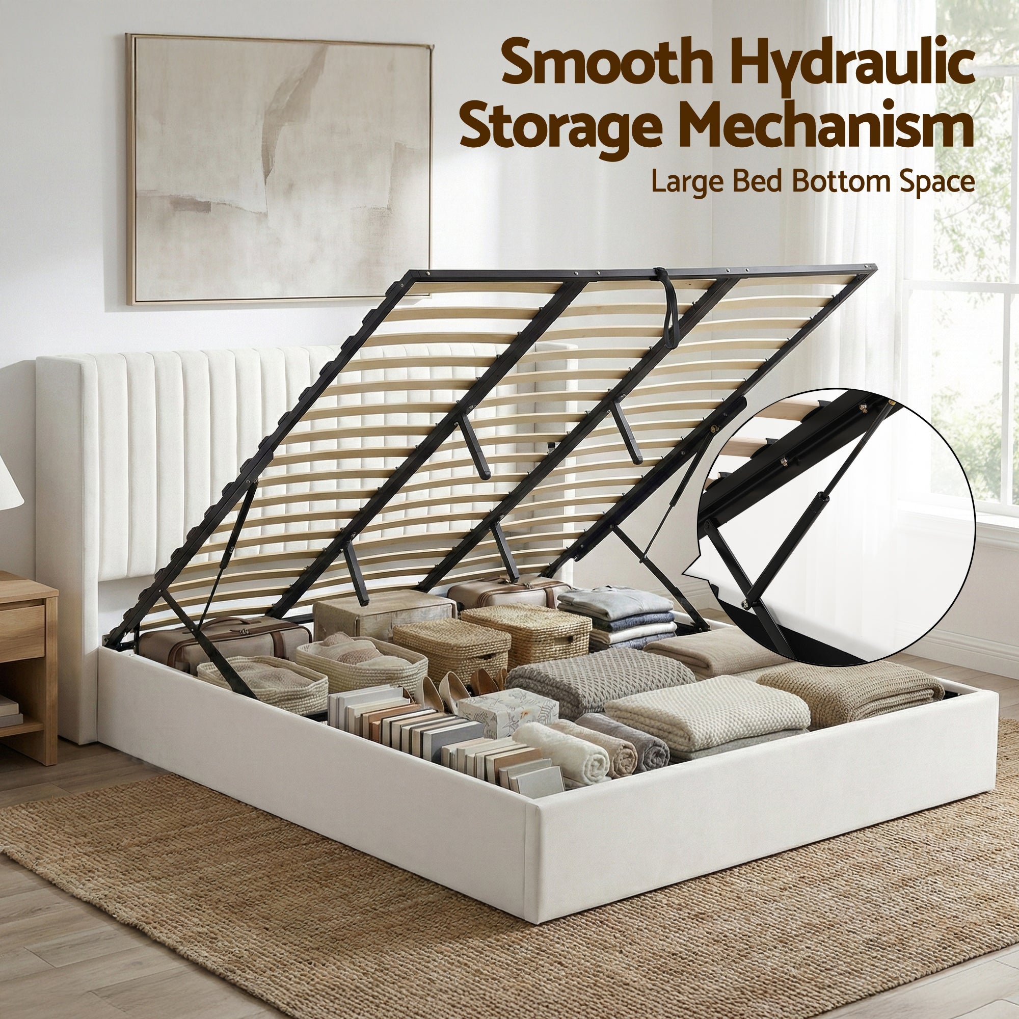 King Bed Frame with Gaslift Storage USB Type - C Charging Ports Velvet Upholstery White - Furniture > Bedroom > Beds & Bed Frames - Rivercity House & Home Co. (ABN 18 642 972 209) - Affordable Modern Furniture Australia