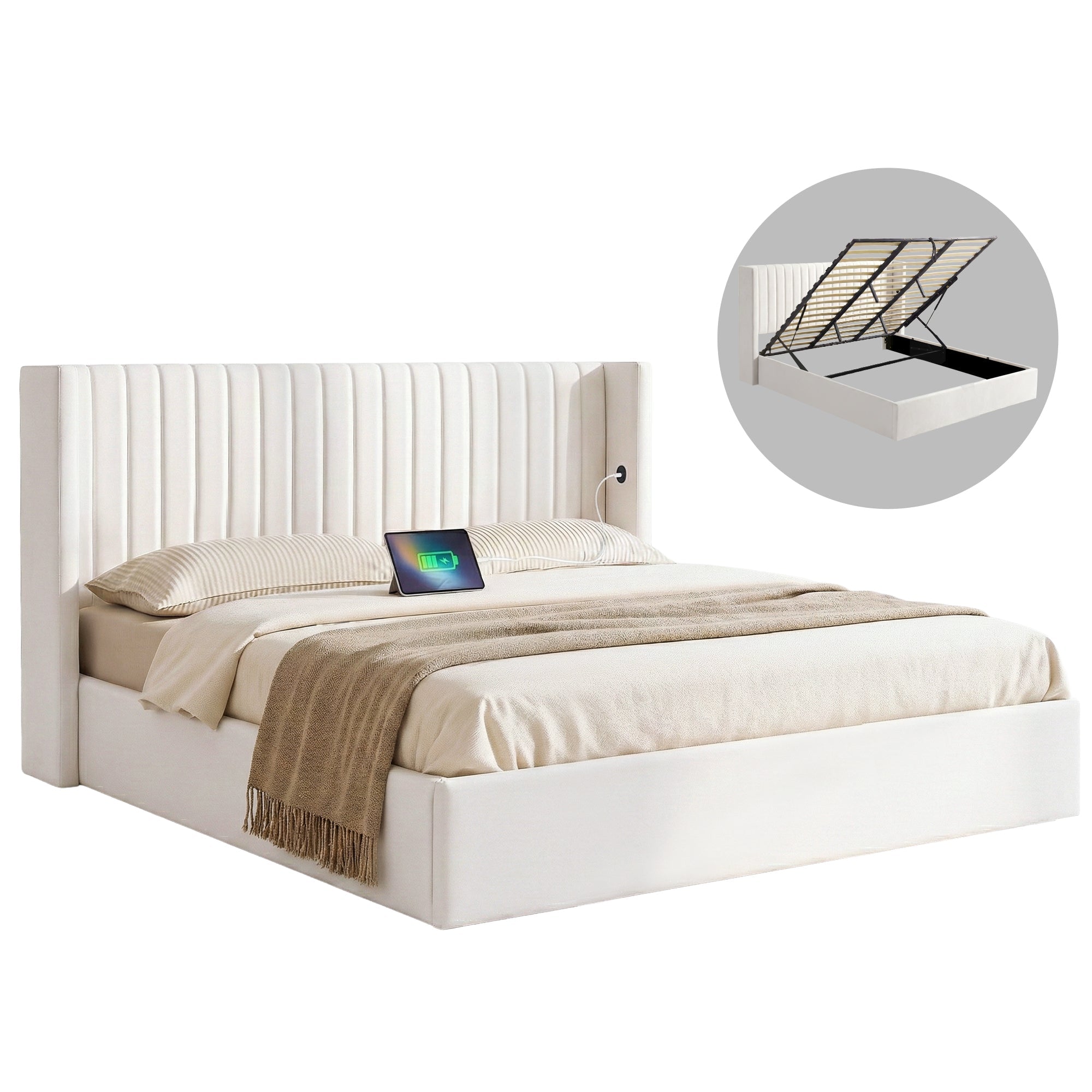 King Bed Frame with Gaslift Storage USB Type - C Charging Ports Velvet Upholstery White - Furniture > Bedroom > Beds & Bed Frames - Rivercity House & Home Co. (ABN 18 642 972 209) - Affordable Modern Furniture Australia