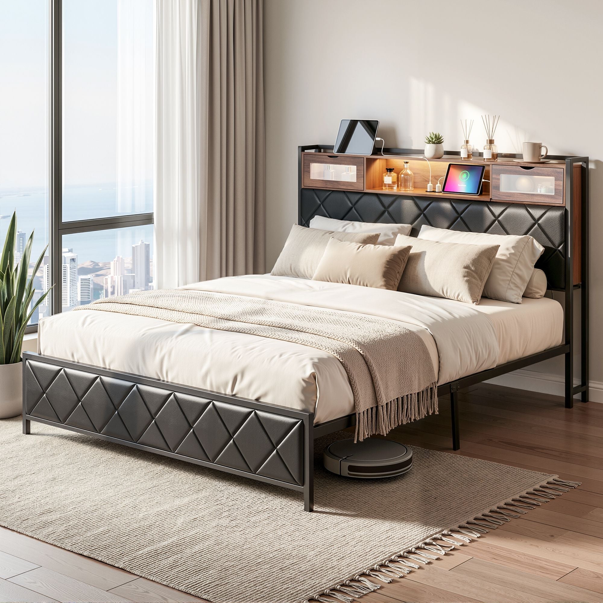 King Bed Frame with LED Lights and Storage Headboard Charging Station - Furniture > Bedroom > Beds & Bed Frames - Rivercity House & Home Co. (ABN 18 642 972 209) - Affordable Modern Furniture Australia