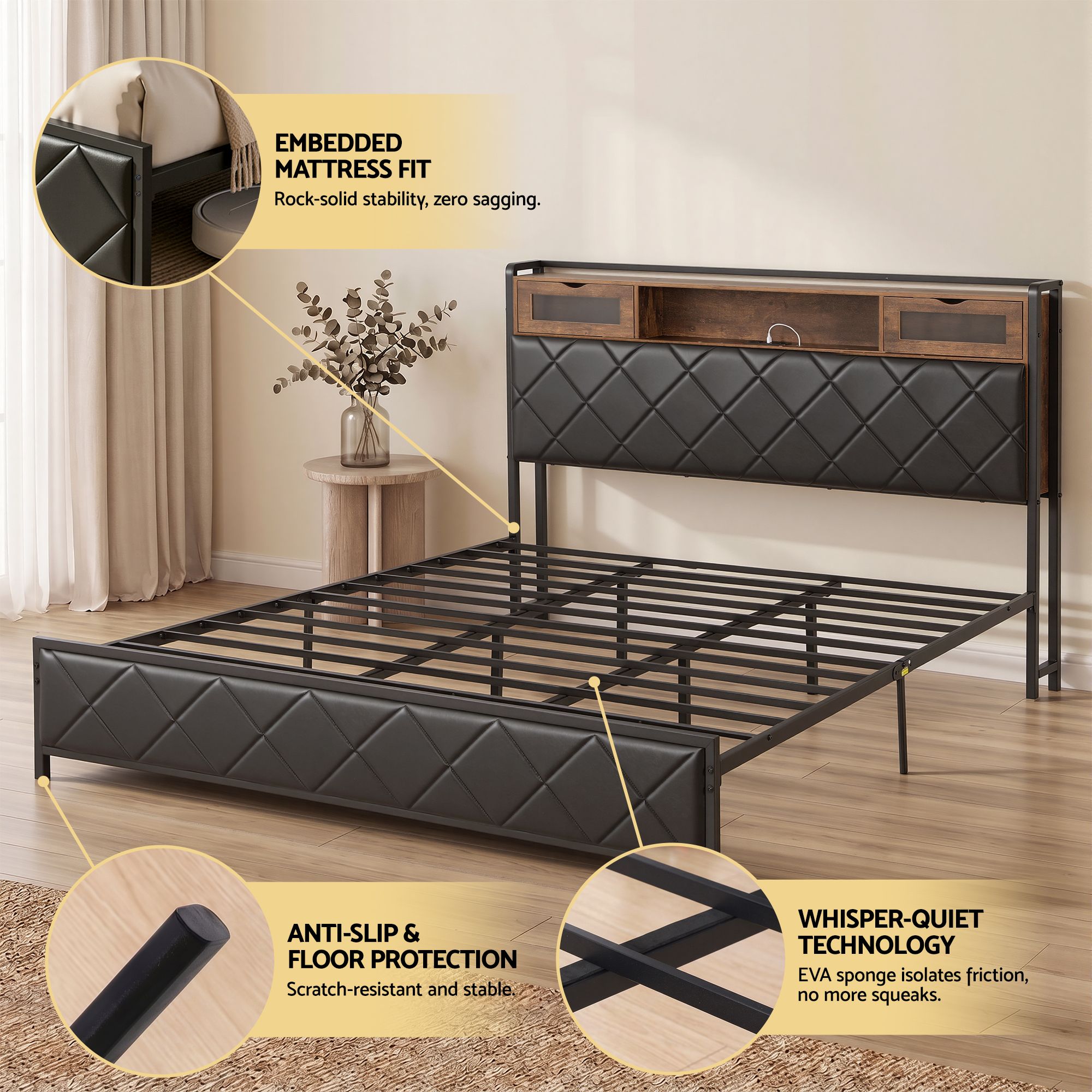 King Bed Frame with LED Lights and Storage Headboard Charging Station - Furniture > Bedroom > Beds & Bed Frames - Rivercity House & Home Co. (ABN 18 642 972 209) - Affordable Modern Furniture Australia