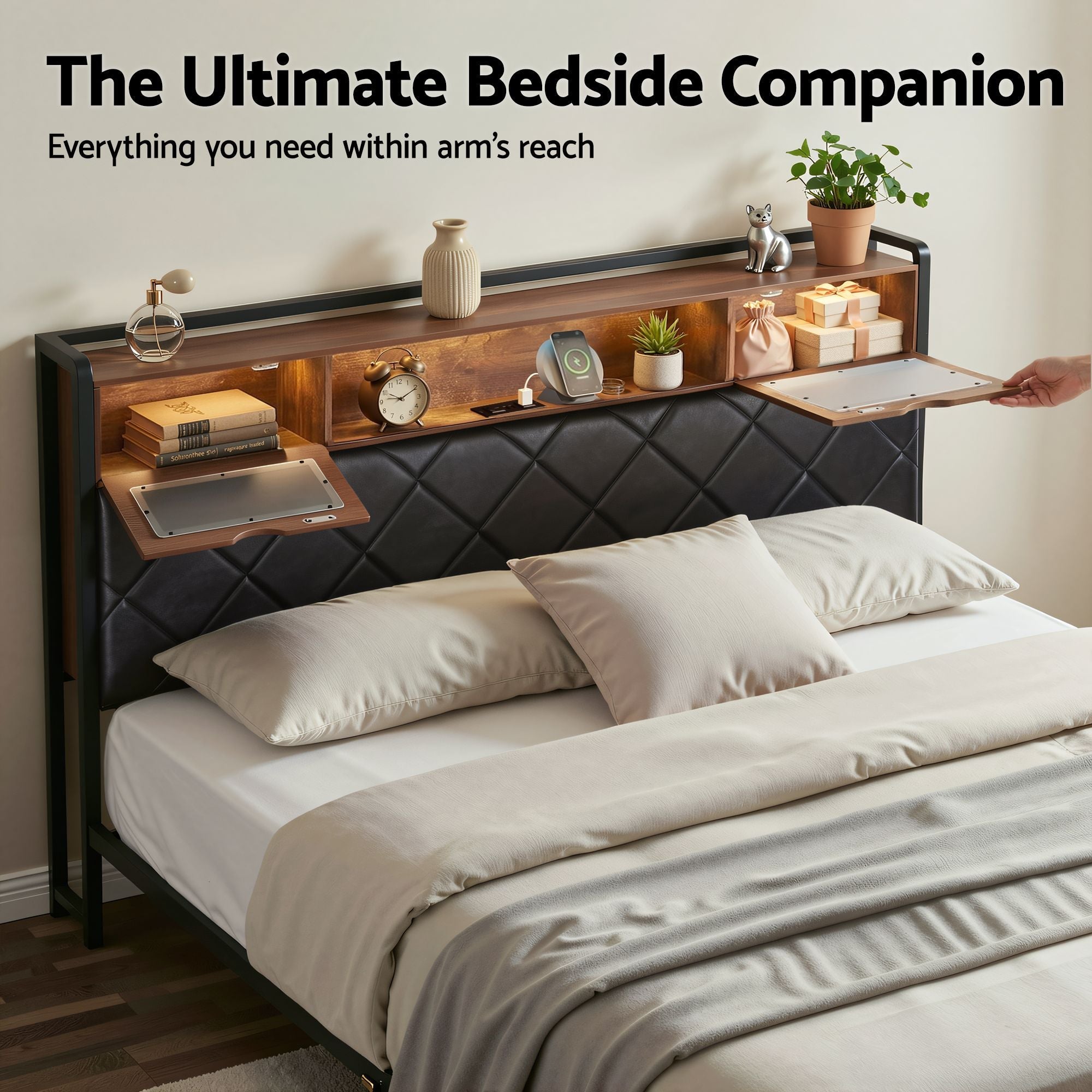 King Bed Frame with LED Lights and Storage Headboard Charging Station - Furniture > Bedroom > Beds & Bed Frames - Rivercity House & Home Co. (ABN 18 642 972 209) - Affordable Modern Furniture Australia
