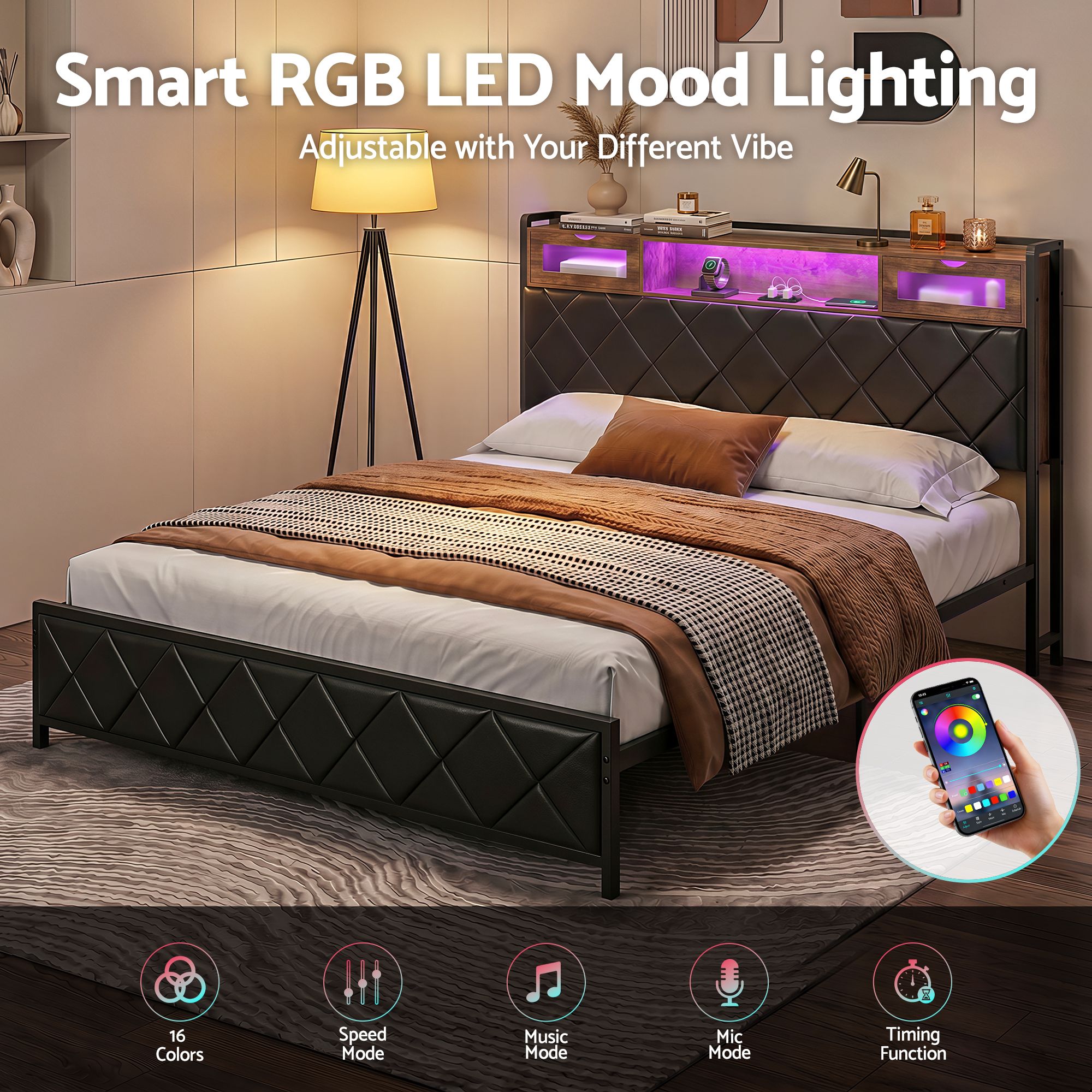 King Bed Frame with LED Lights and Storage Headboard Charging Station - Furniture > Bedroom > Beds & Bed Frames - Rivercity House & Home Co. (ABN 18 642 972 209) - Affordable Modern Furniture Australia