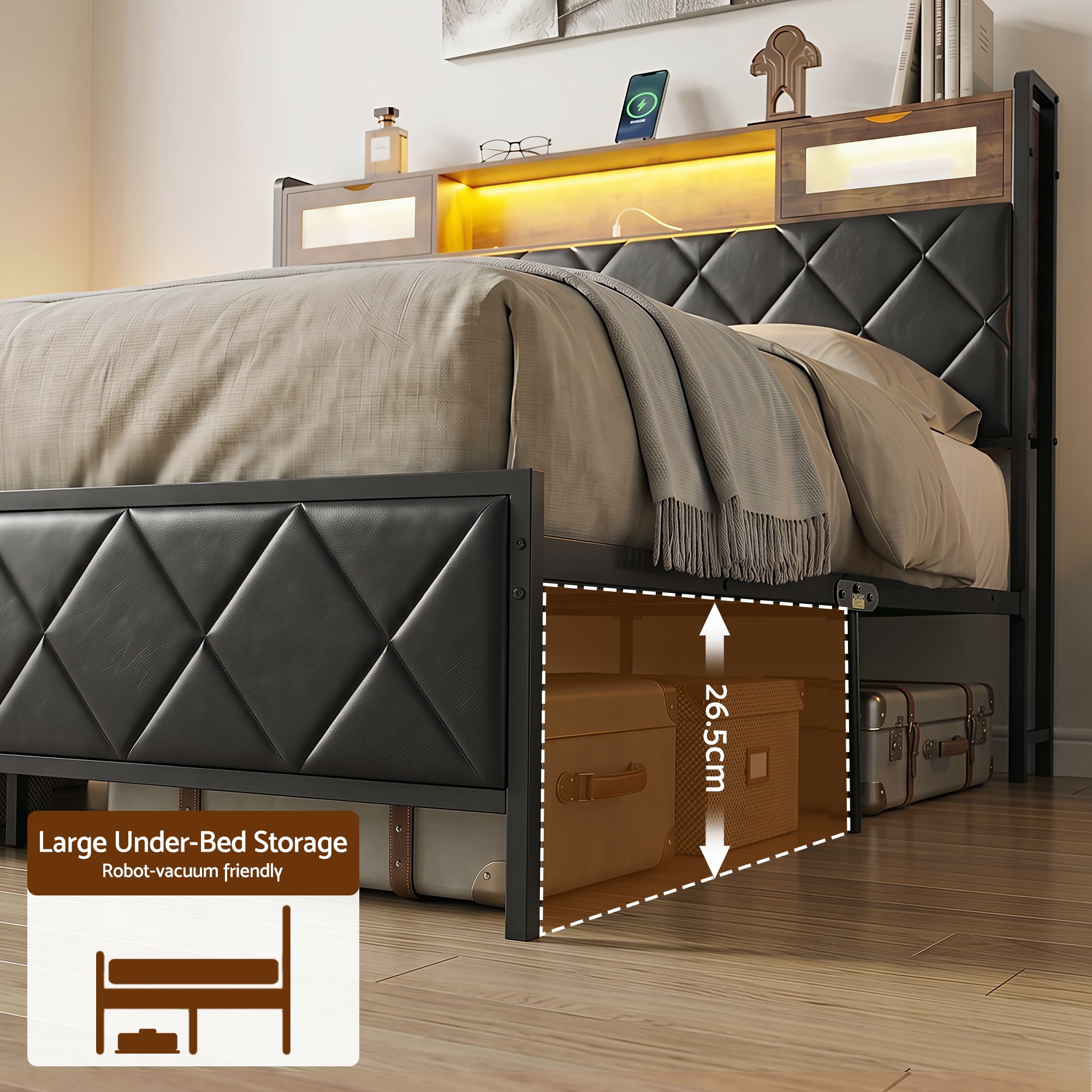 King Bed Frame with LED Lights and Storage Headboard Charging Station - Furniture > Bedroom > Beds & Bed Frames - Rivercity House & Home Co. (ABN 18 642 972 209) - Affordable Modern Furniture Australia