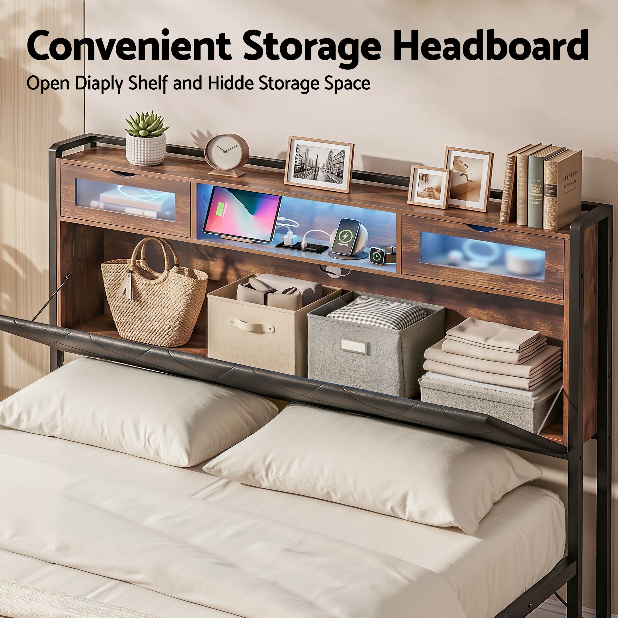 King Bed Frame with LED Lights and Storage Headboard Charging Station - Furniture > Bedroom > Beds & Bed Frames - Rivercity House & Home Co. (ABN 18 642 972 209) - Affordable Modern Furniture Australia