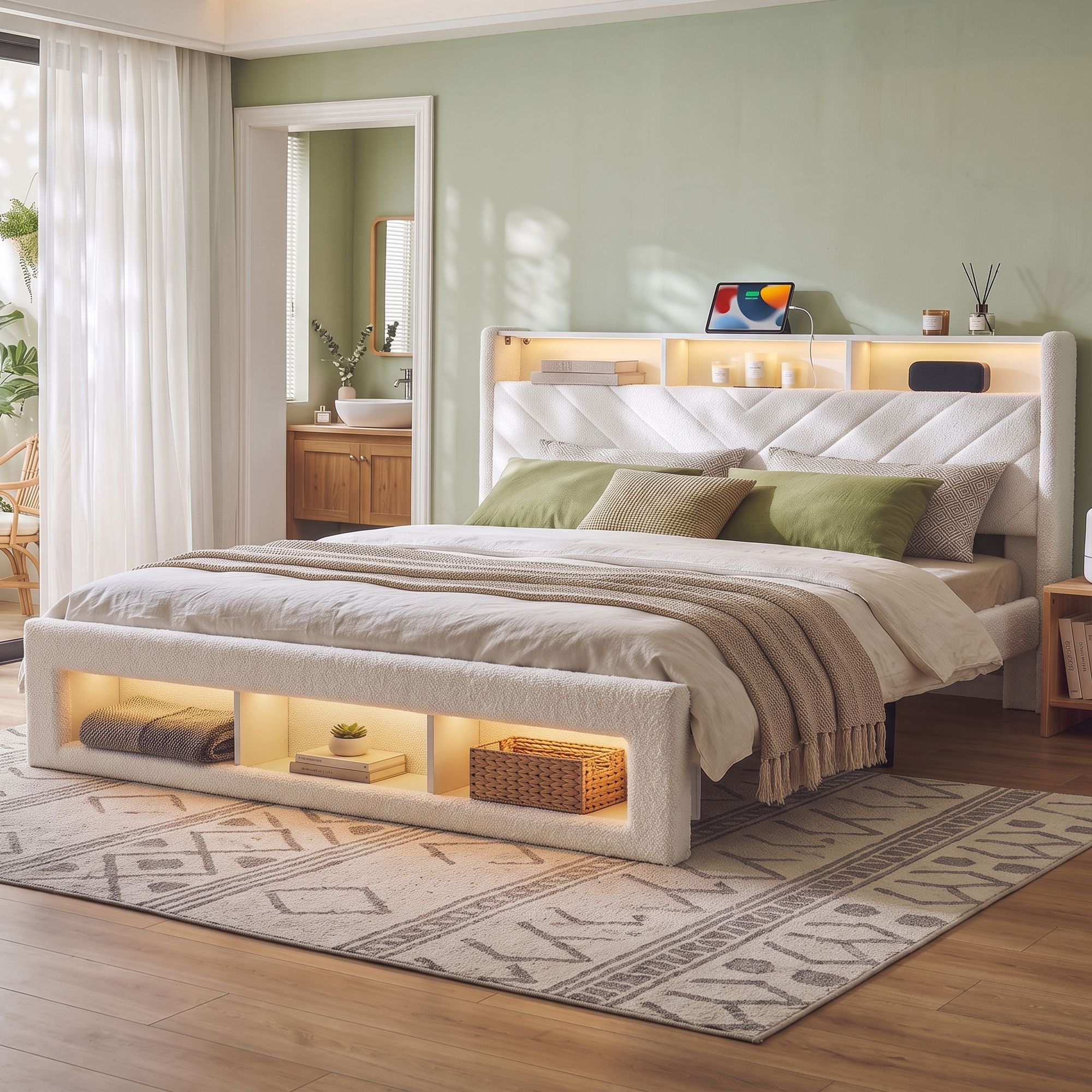 King Bed Frame with Storage, Charging Station & LED Mood Lighting - White - Furniture > Bedroom > Beds & Bed Frames - Rivercity House & Home Co. (ABN 18 642 972 209) - Affordable Modern Furniture Australia
