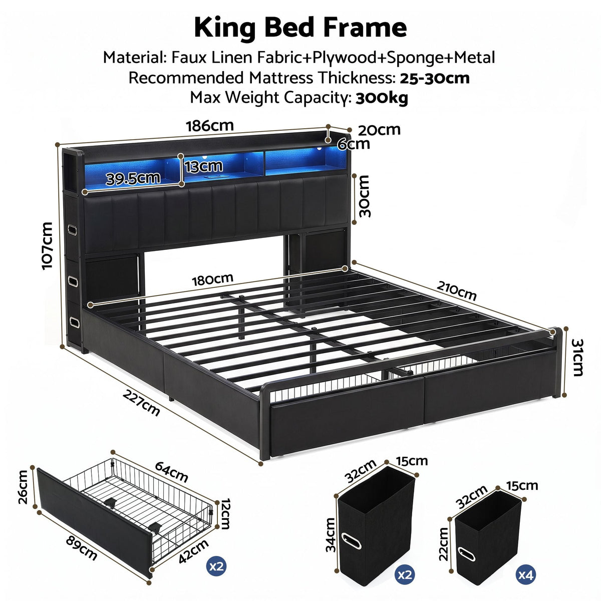 King Bed Frame with Storage Headboard, 2 Drawers, Charging Station & LED Light - Black - Furniture > Bedroom > Beds & Bed Frames - Rivercity House & Home Co. (ABN 18 642 972 209) - Affordable Modern Furniture Australia