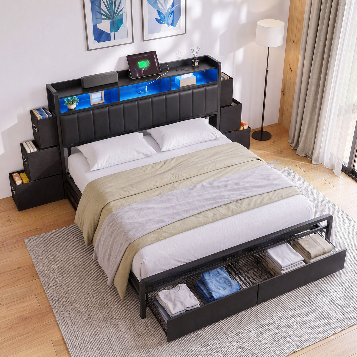 King Bed Frame with Storage Headboard, 2 Drawers, Charging Station & LED Light - Black - Furniture > Bedroom > Beds & Bed Frames - Rivercity House & Home Co. (ABN 18 642 972 209) - Affordable Modern Furniture Australia