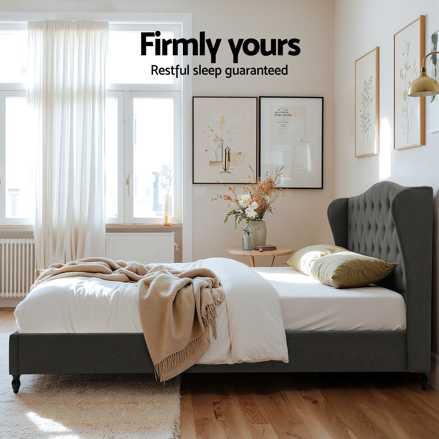 King Bed Frame with Wingback Headboard Grey Linen Upholstered Platform Bed Base - Furniture > Bedroom > Beds & Bed Frames - Rivercity House & Home Co. (ABN 18 642 972 209) - Affordable Modern Furniture Australia