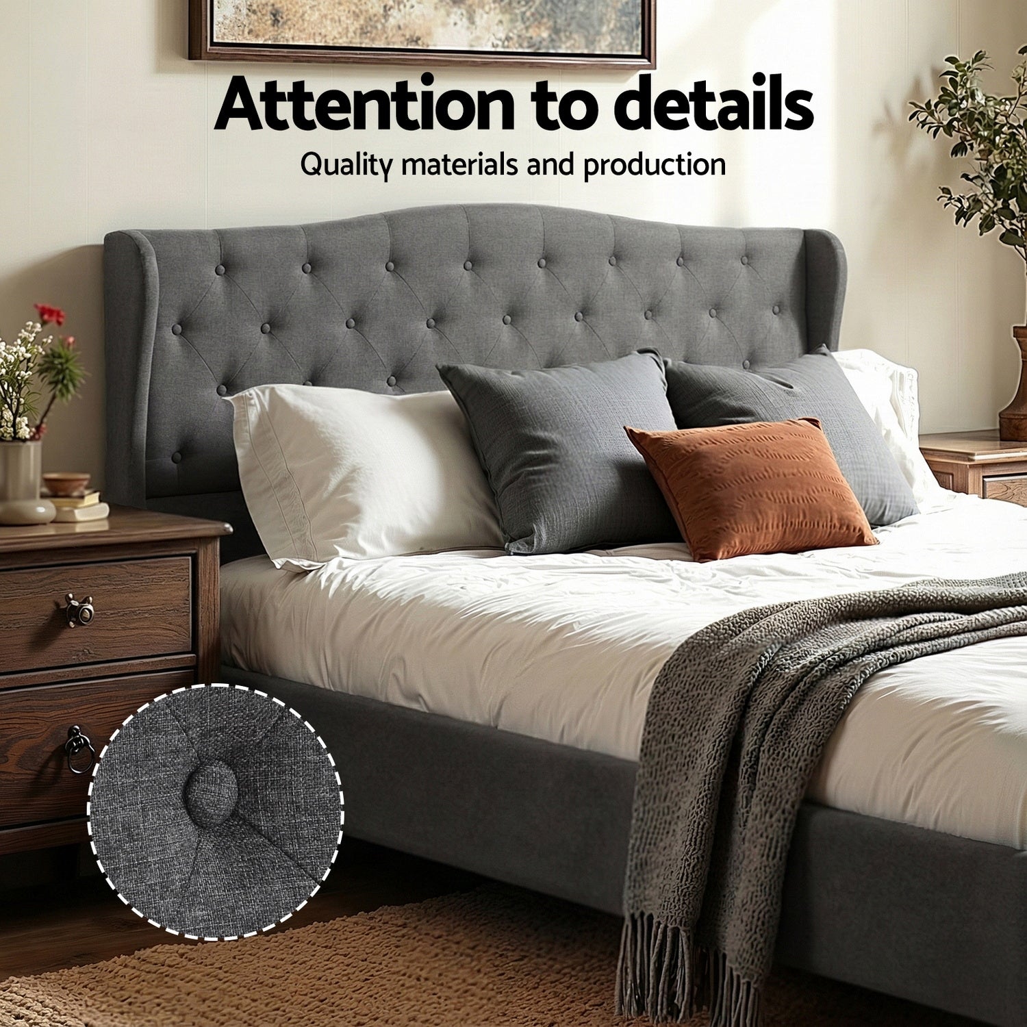 King Bed Frame with Wingback Headboard Grey Linen Upholstered Platform Bed Base - Furniture > Bedroom > Beds & Bed Frames - Rivercity House & Home Co. (ABN 18 642 972 209) - Affordable Modern Furniture Australia
