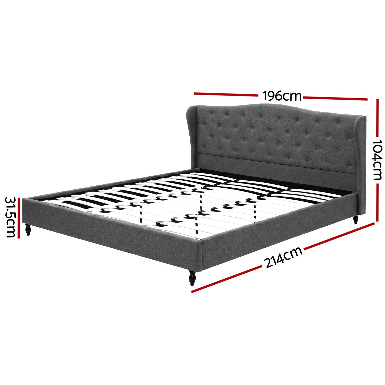 King Bed Frame with Wingback Headboard Grey Linen Upholstered Platform Bed Base - Furniture > Bedroom > Beds & Bed Frames - Rivercity House & Home Co. (ABN 18 642 972 209) - Affordable Modern Furniture Australia