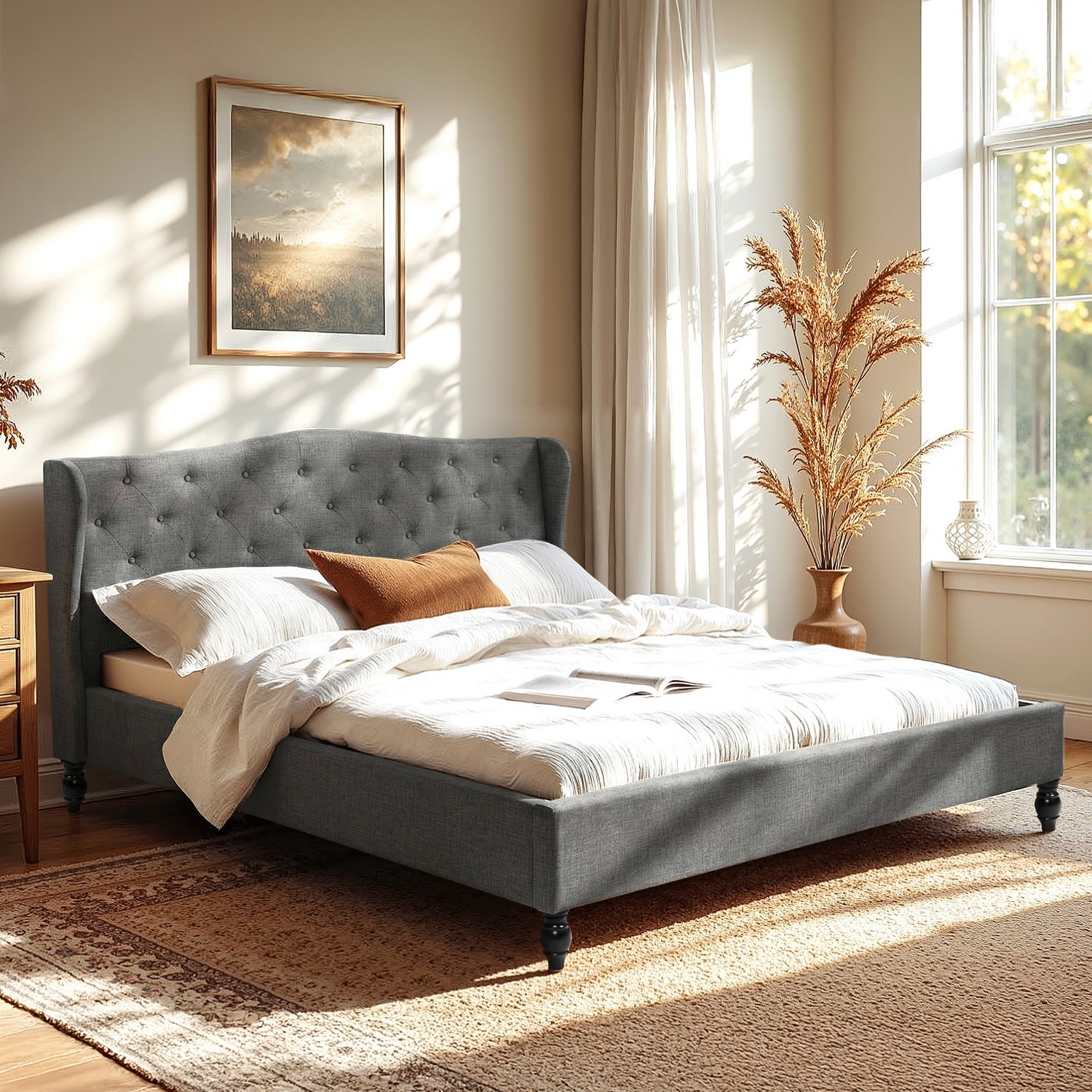 King Bed Frame with Wingback Headboard Grey Linen Upholstered Platform Bed Base - Furniture > Bedroom > Beds & Bed Frames - Rivercity House & Home Co. (ABN 18 642 972 209) - Affordable Modern Furniture Australia