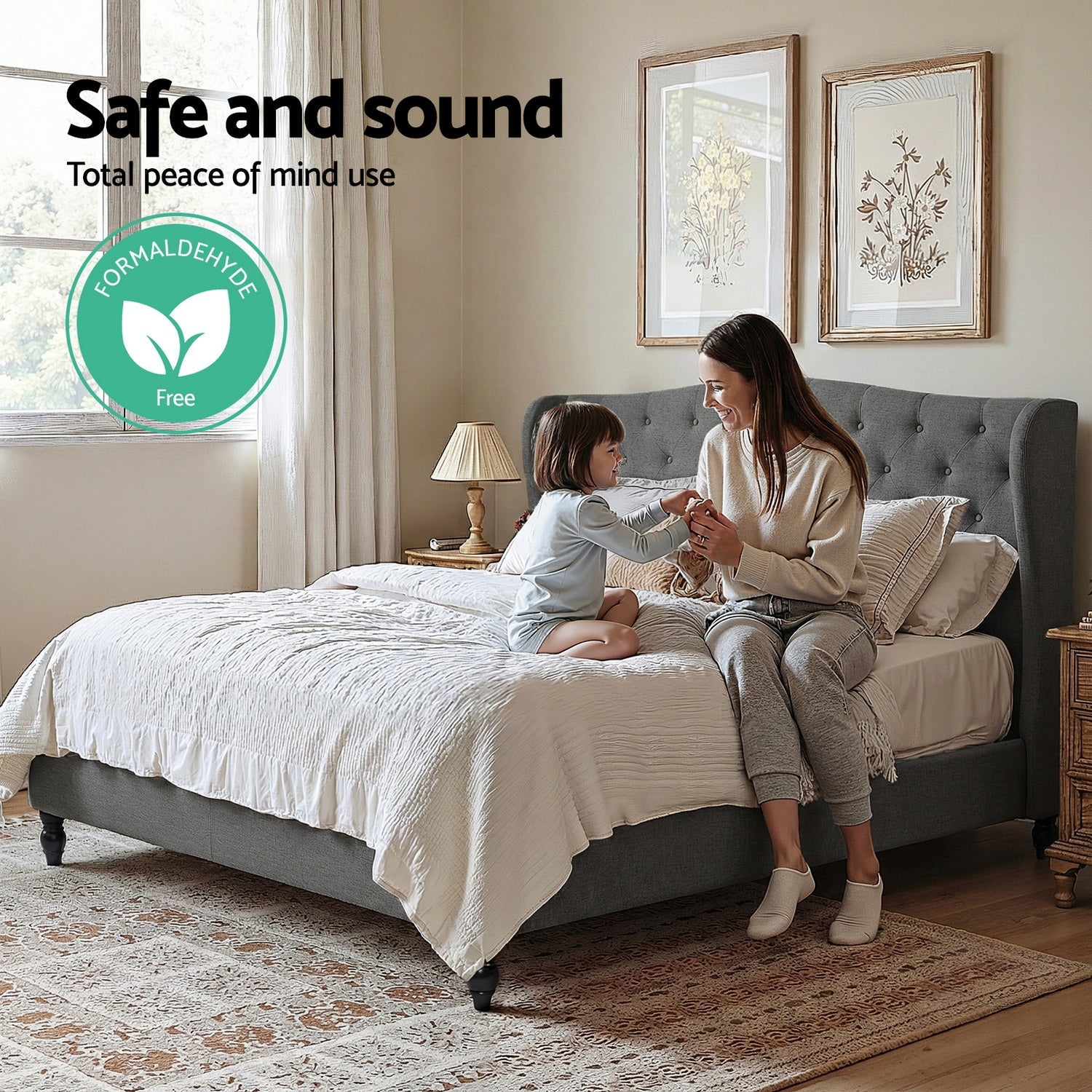 King Bed Frame with Wingback Headboard Grey Linen Upholstered Platform Bed Base - Furniture > Bedroom > Beds & Bed Frames - Rivercity House & Home Co. (ABN 18 642 972 209) - Affordable Modern Furniture Australia